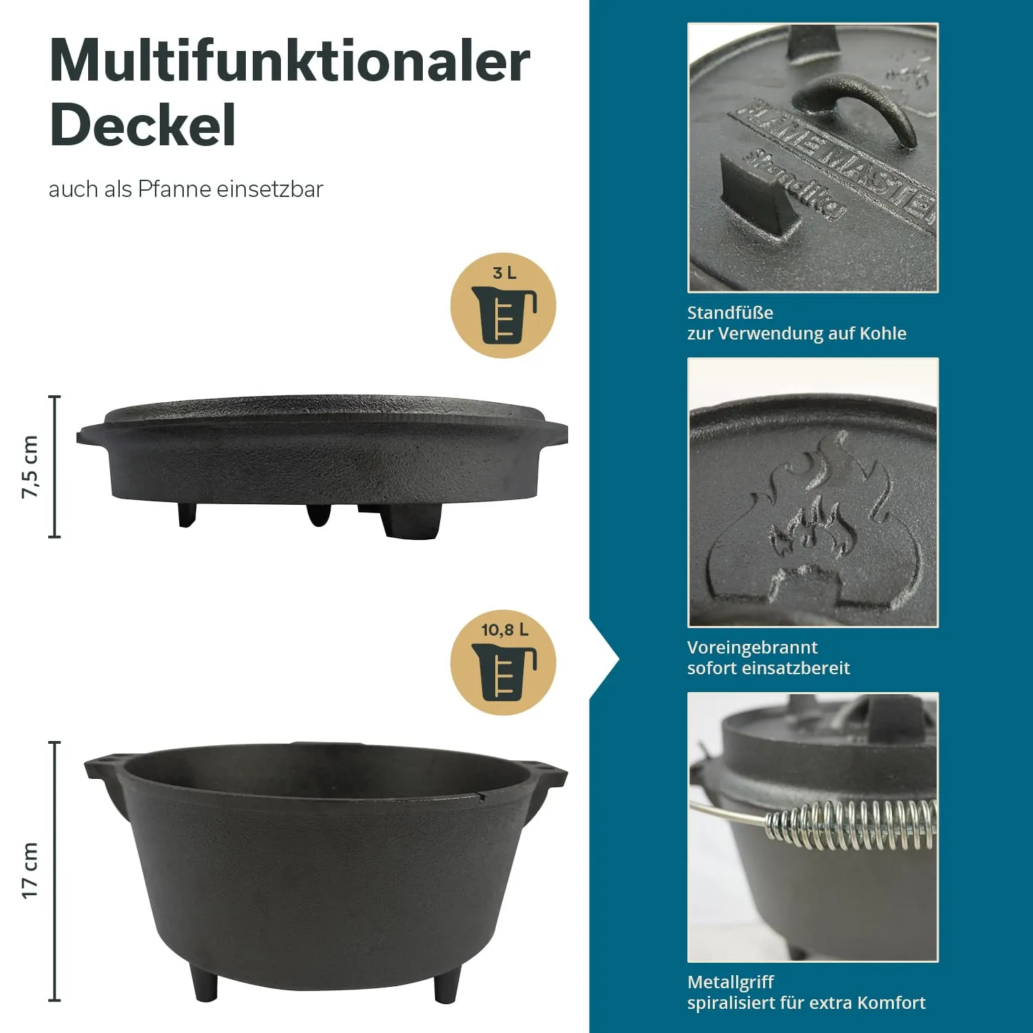Multifunktionaler gusseiserner Deckel, 7,5 cm hoch und 17 cm Durchmesser, mit Standfüßen und einem Spiralgriff.