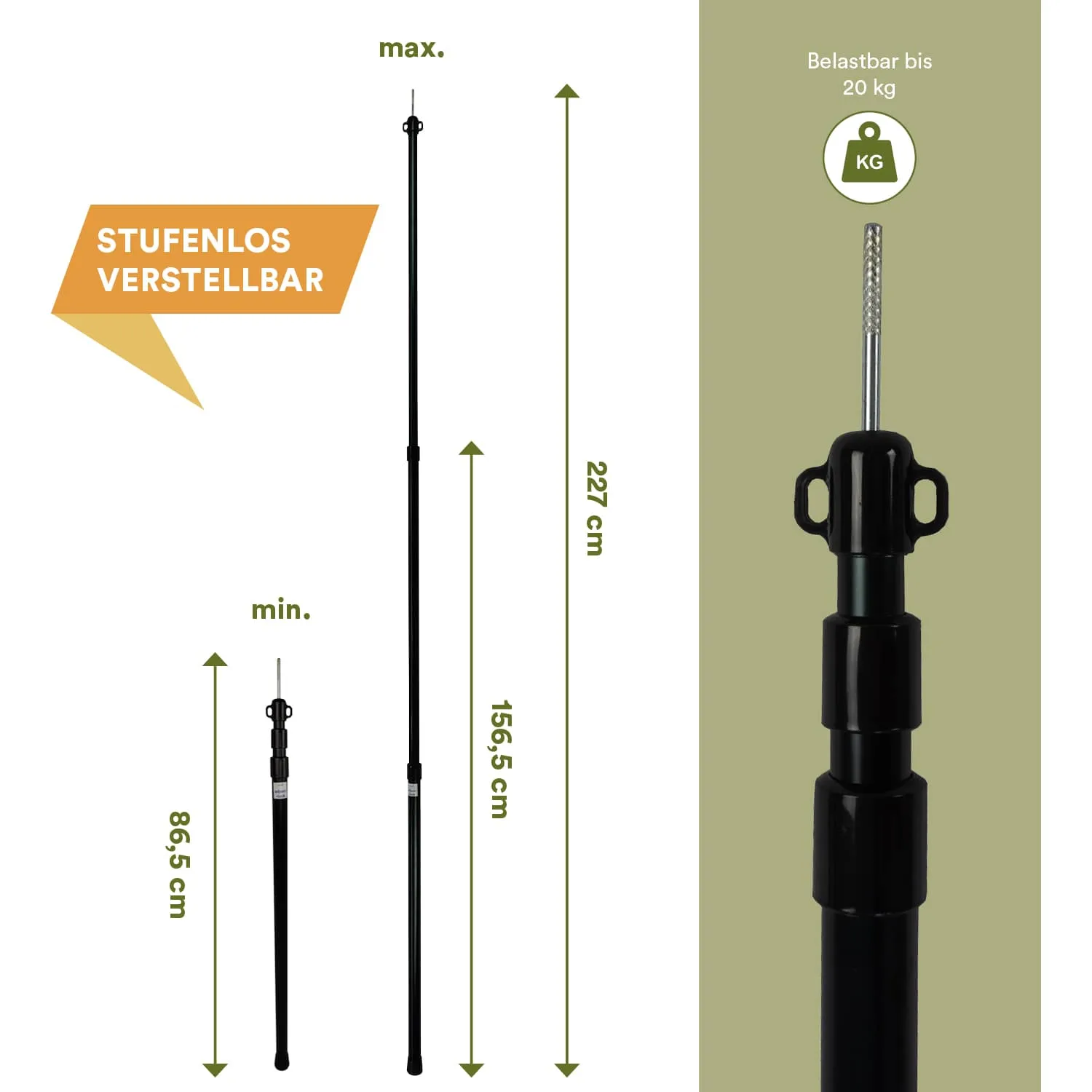 Verstellbarer, schwarzer Stativ mit zwei Höhenangaben: maximal 227 cm und minimal 86,5 cm. Belastbar bis 20 kg.