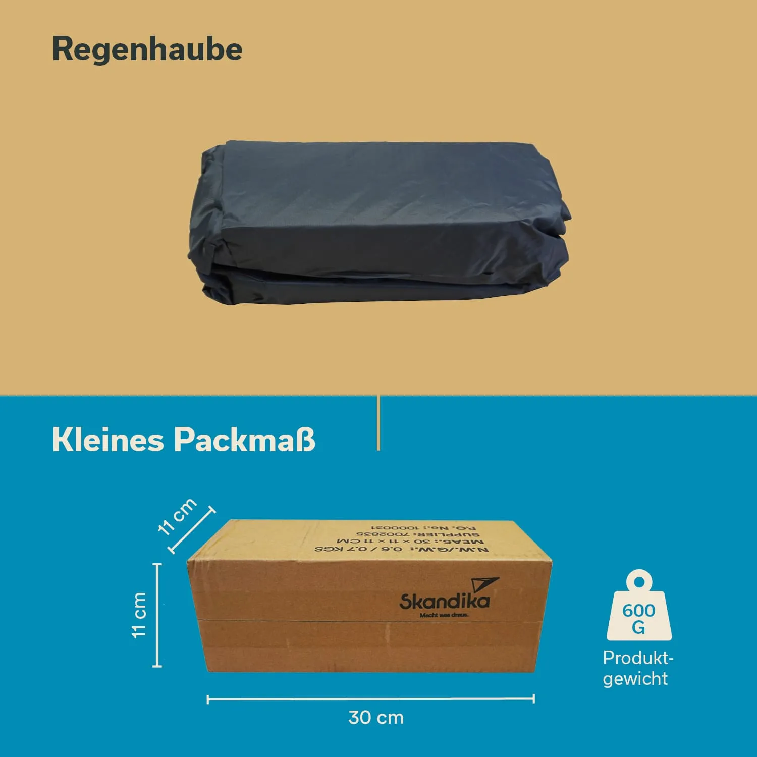 Regenhaube in dunkler Farbe oben, darunter eine braune Verpackung mit den Maßen 30 cm x 11 cm x 11 cm und dem Gewicht 600 g.