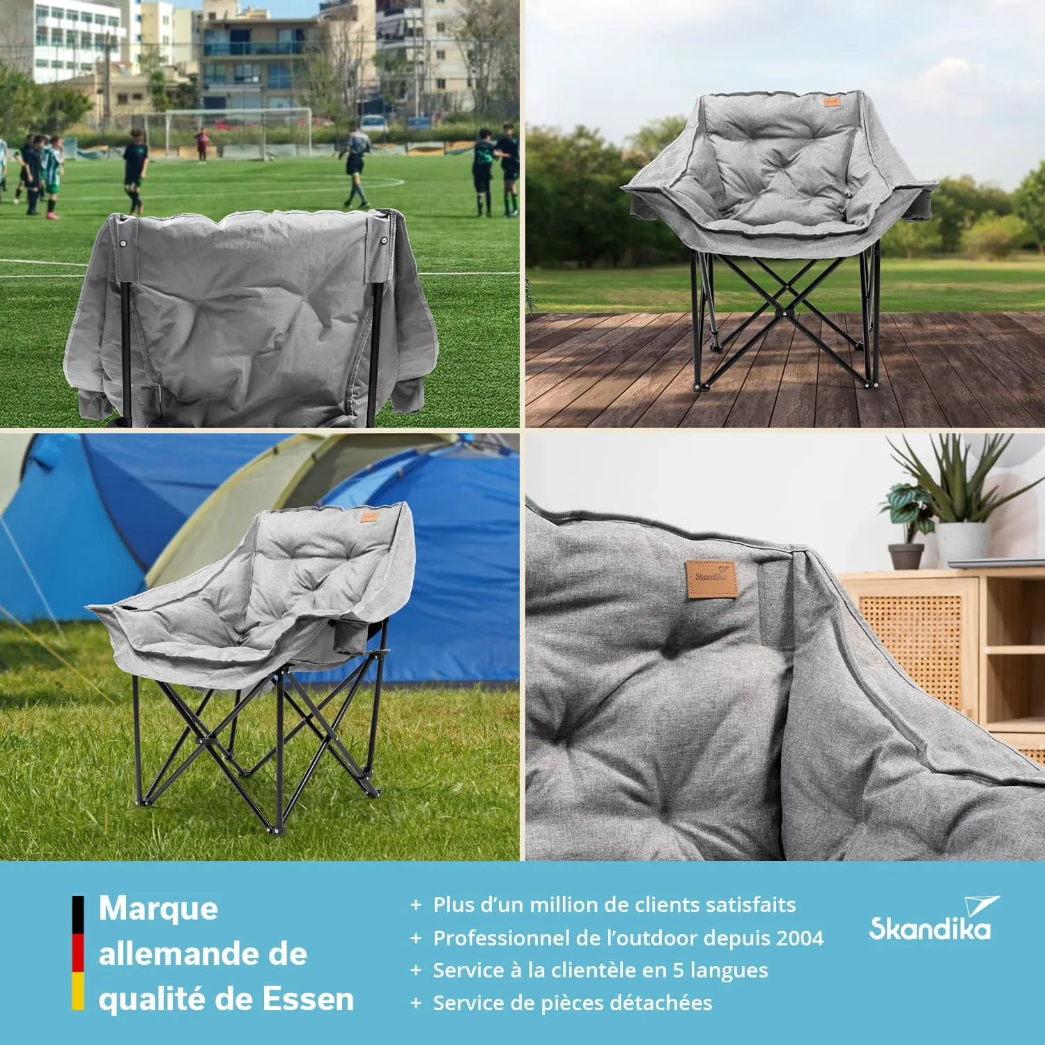 Grauer Campingstuhl auf einem Holzdeck, umgeben von Wiese und Zelten. Bilder zeigen den Stuhl in verschiedenen Umgebungen.