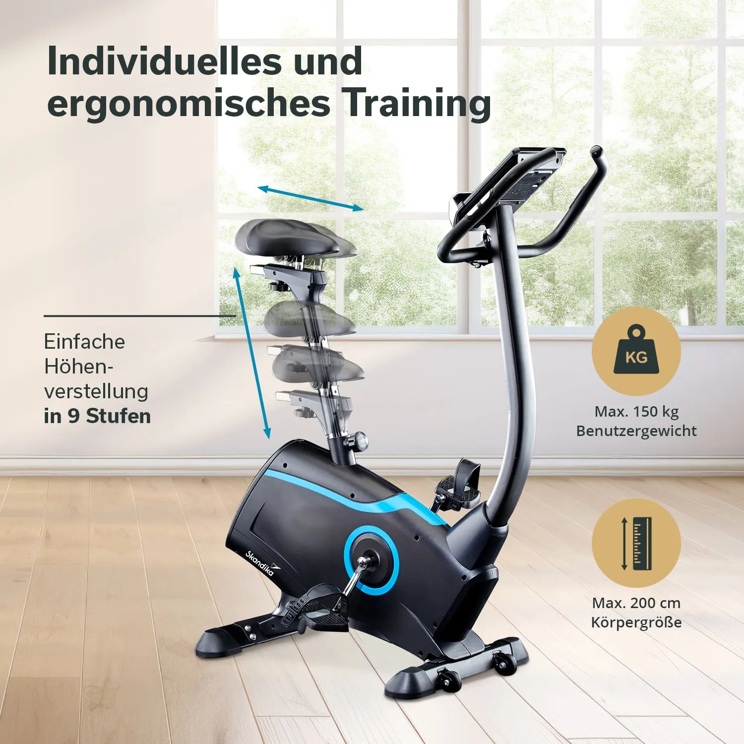 Ergometer mit verstellbarem Sitz und Pedalen, Angaben zu maximalem Benutzergewicht und Körpergröße, helle Umgebung.