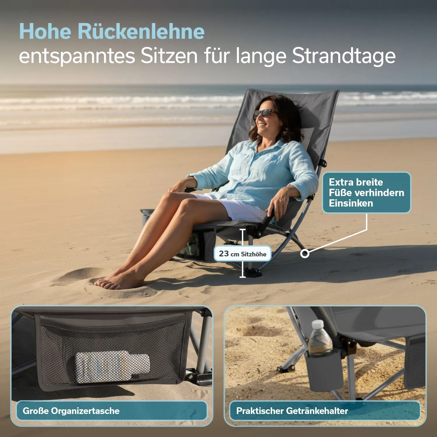 Strandstuhl mit hoher Rückenlehne, sitzende Person mit Getränk und Organizer, Sandstrand im Hintergrund.