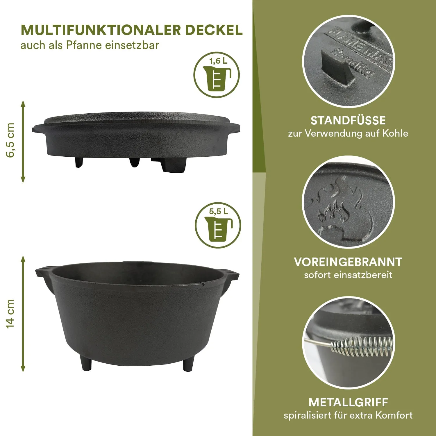 Multifunktionaler Deckel, aus Gusseisen, 6,5 cm Höhe, 1,6 L und 5,5 L Volumen, mit Standfüßen und spiralförmigem Griff.