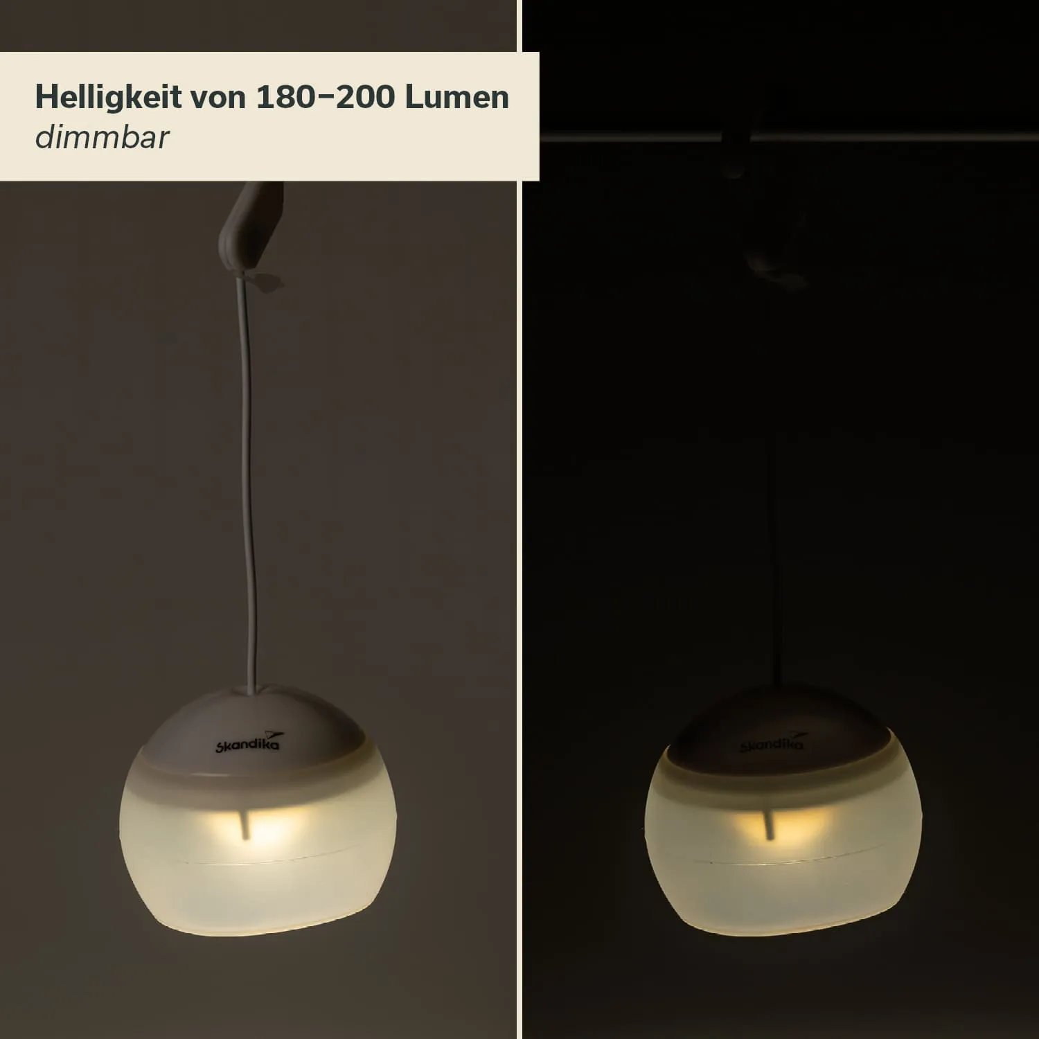 Dimmbare Lampe in runder Form, hängt an einem Kabel. Der Hintergrund ist dunkel, die Lampe strahlt sanftes Licht aus.