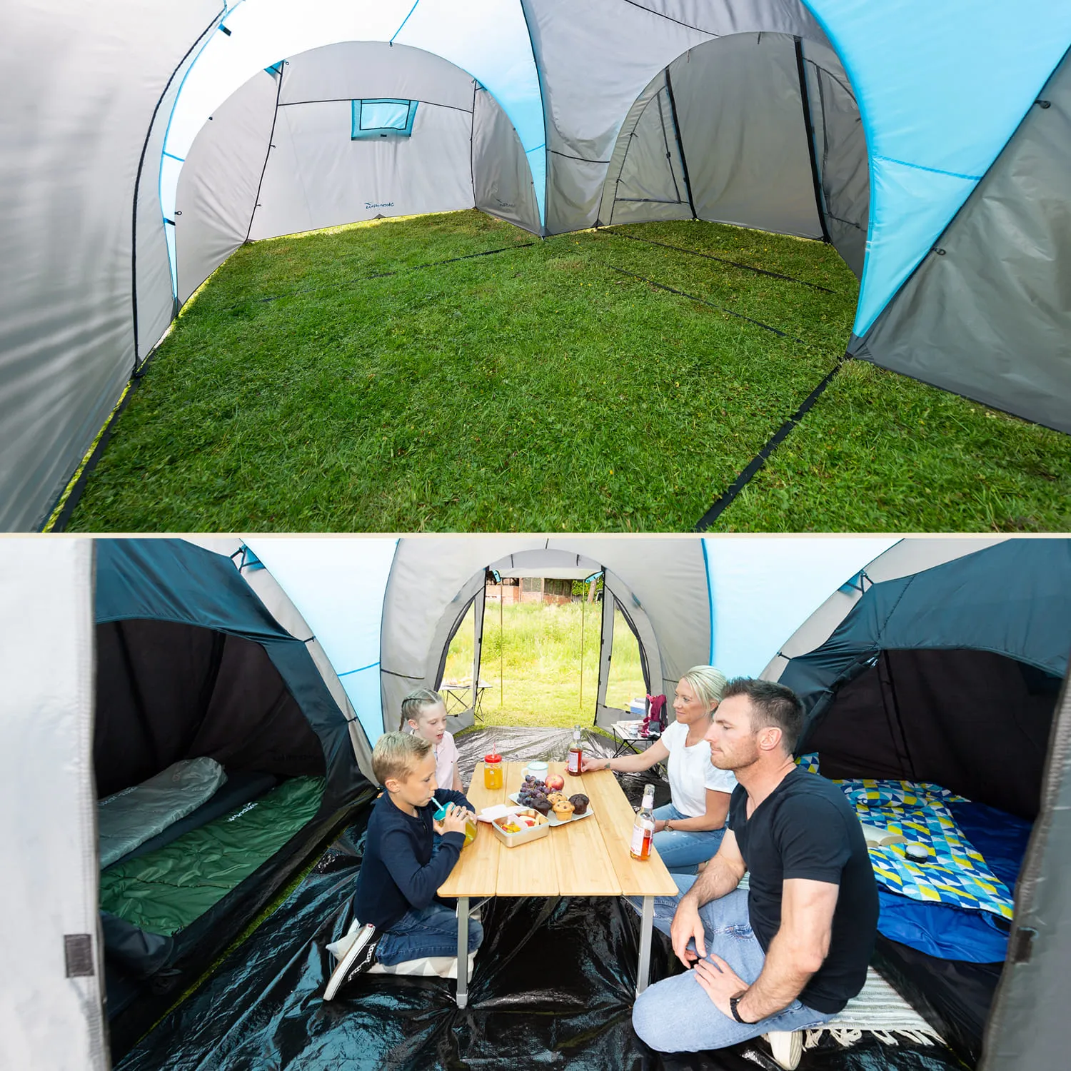 Zeltinterieur mit zwei Bereichen. Oben: leerer Raum mit Grasboden und Fenstern. Unten: Familie am Tisch mit Snacks, Schlafbereich sichtbar.