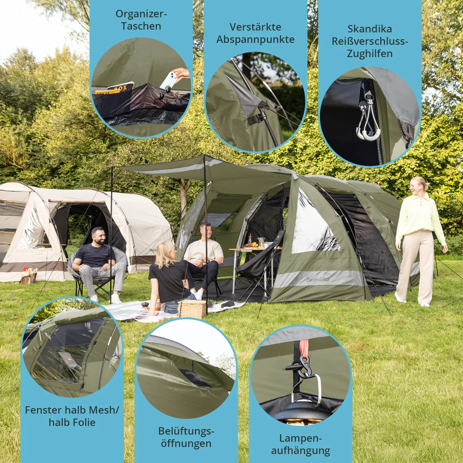 Campingzelt in einer grünen Umgebung mit drei Personen, die auf dem Boden sitzen, und einer Person, die steht. In der Nähe sind weitere Zelte.