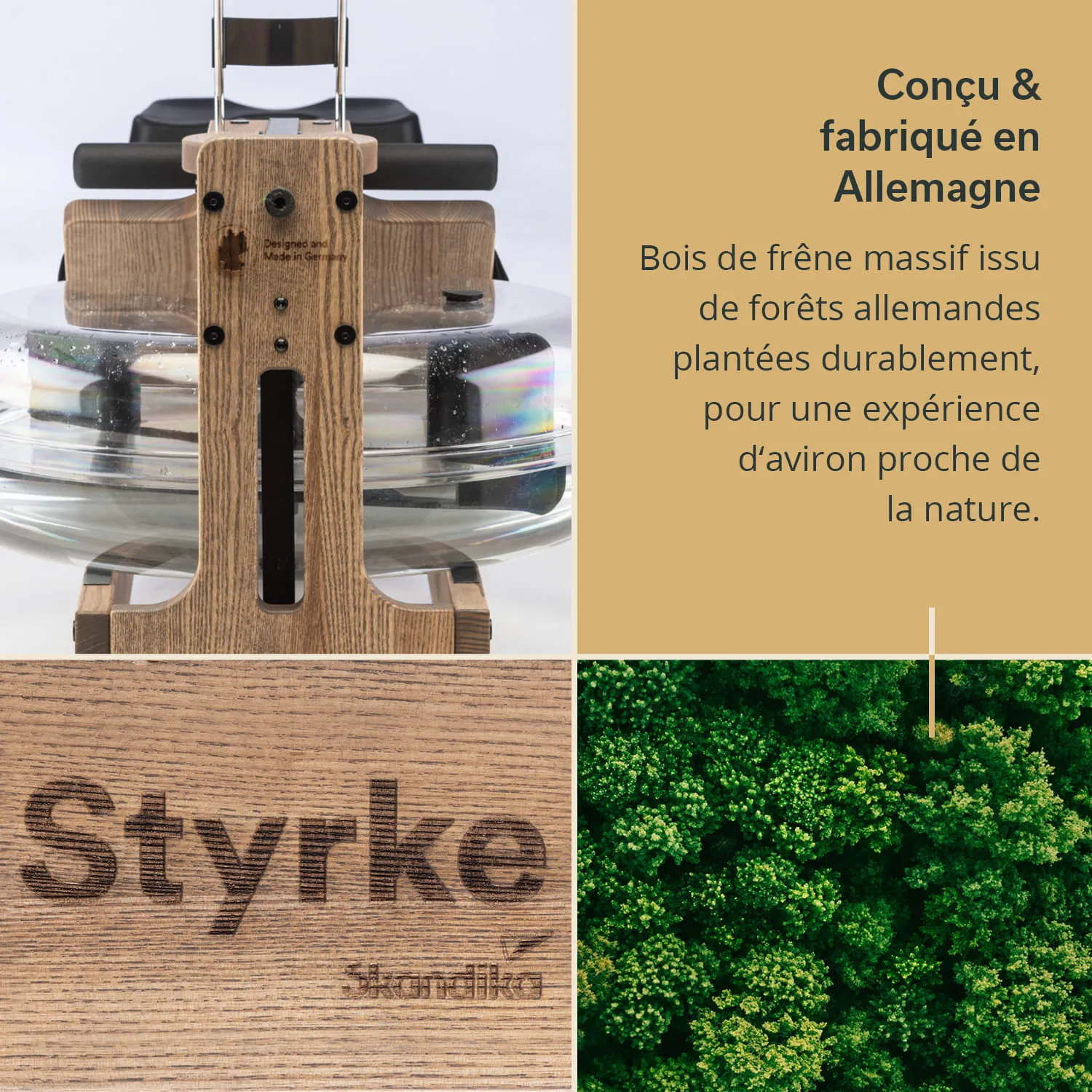 Holzgerät aus massiven Eschenholz mit einem Wassertank und dem Logo „Styrke“. Im Hintergrund Waldansicht.