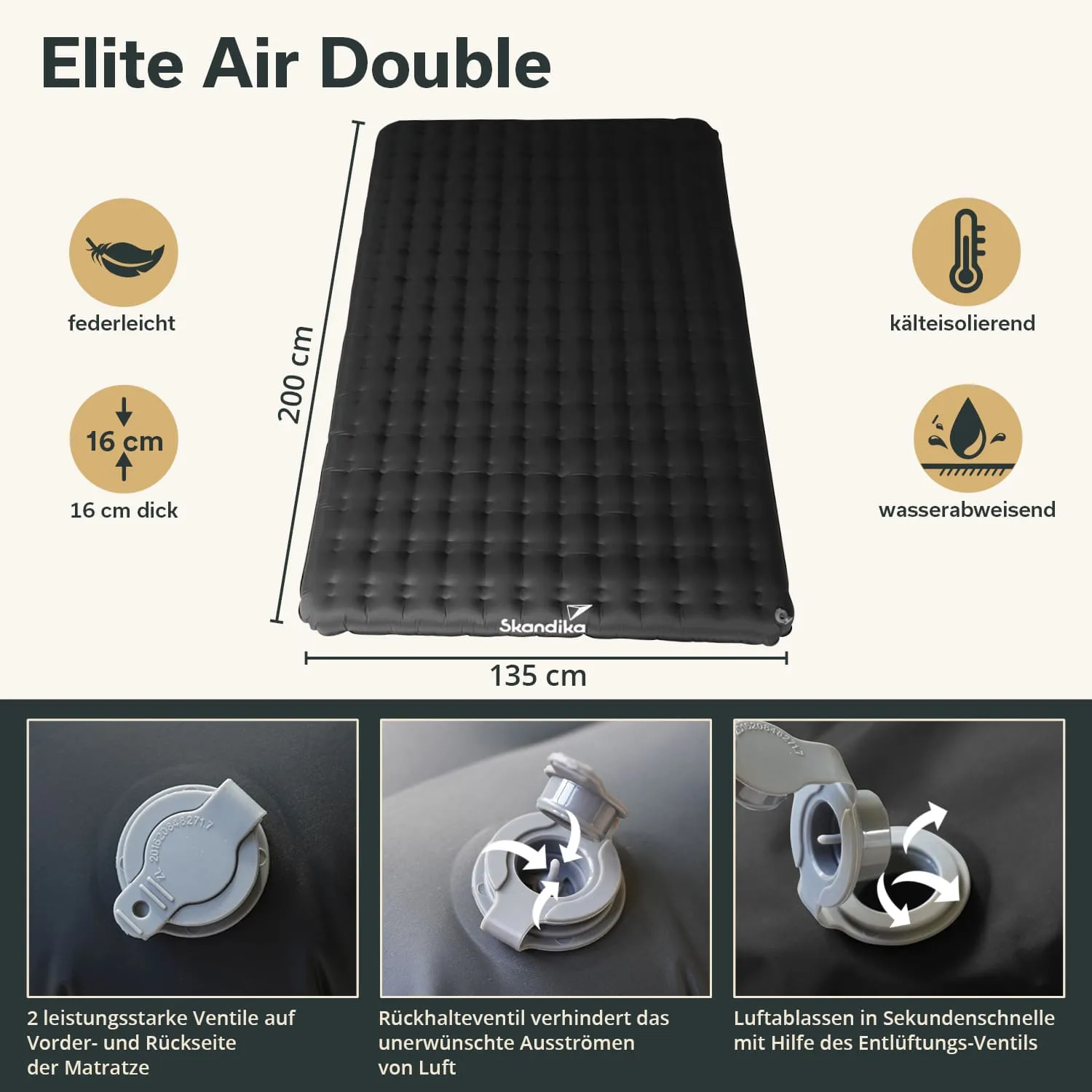 Luftmatratze Elite Air Double in Schwarz, 200 cm lang und 135 cm breit, 16 cm dick. Zeigt Ventile und Eigenschaften.