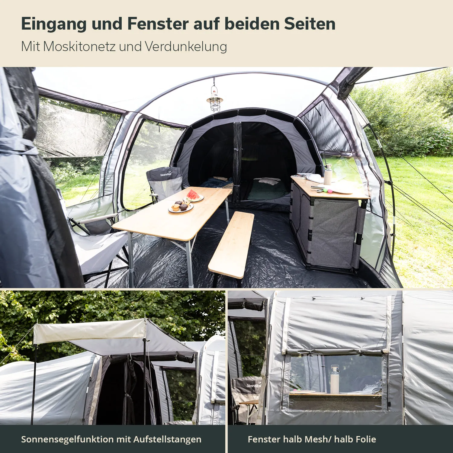 Zeltinneneinrichtung mit Holztisch, Stühlen und Ablagen. Fenster und Eingänge auf beiden Seiten, sichtbare Natur außen.