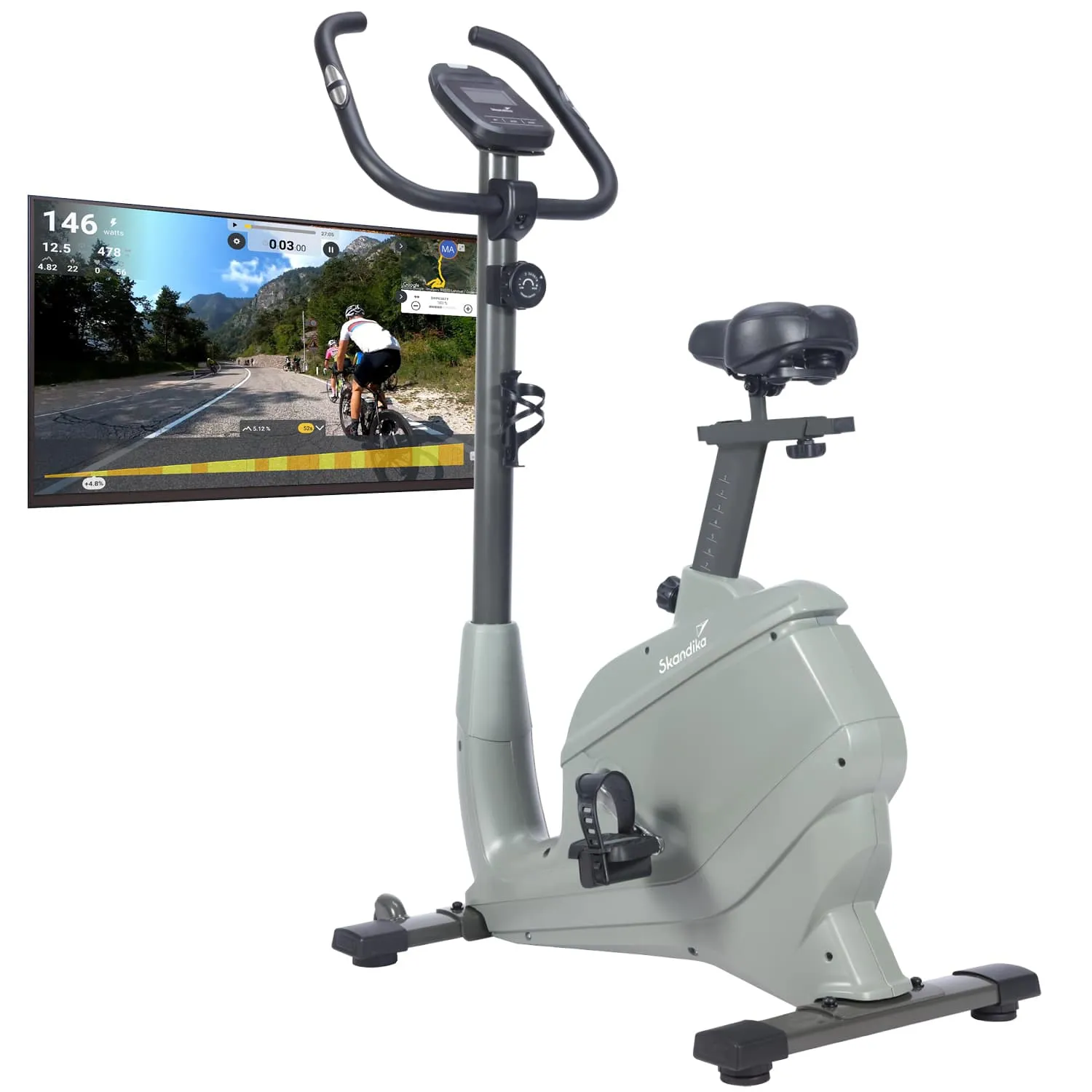 Fahrradtrainer in grauer Farbe mit Bildschirm, der eine Radfahrlandschaft zeigt. Daten werden auf dem Bildschirm angezeigt.