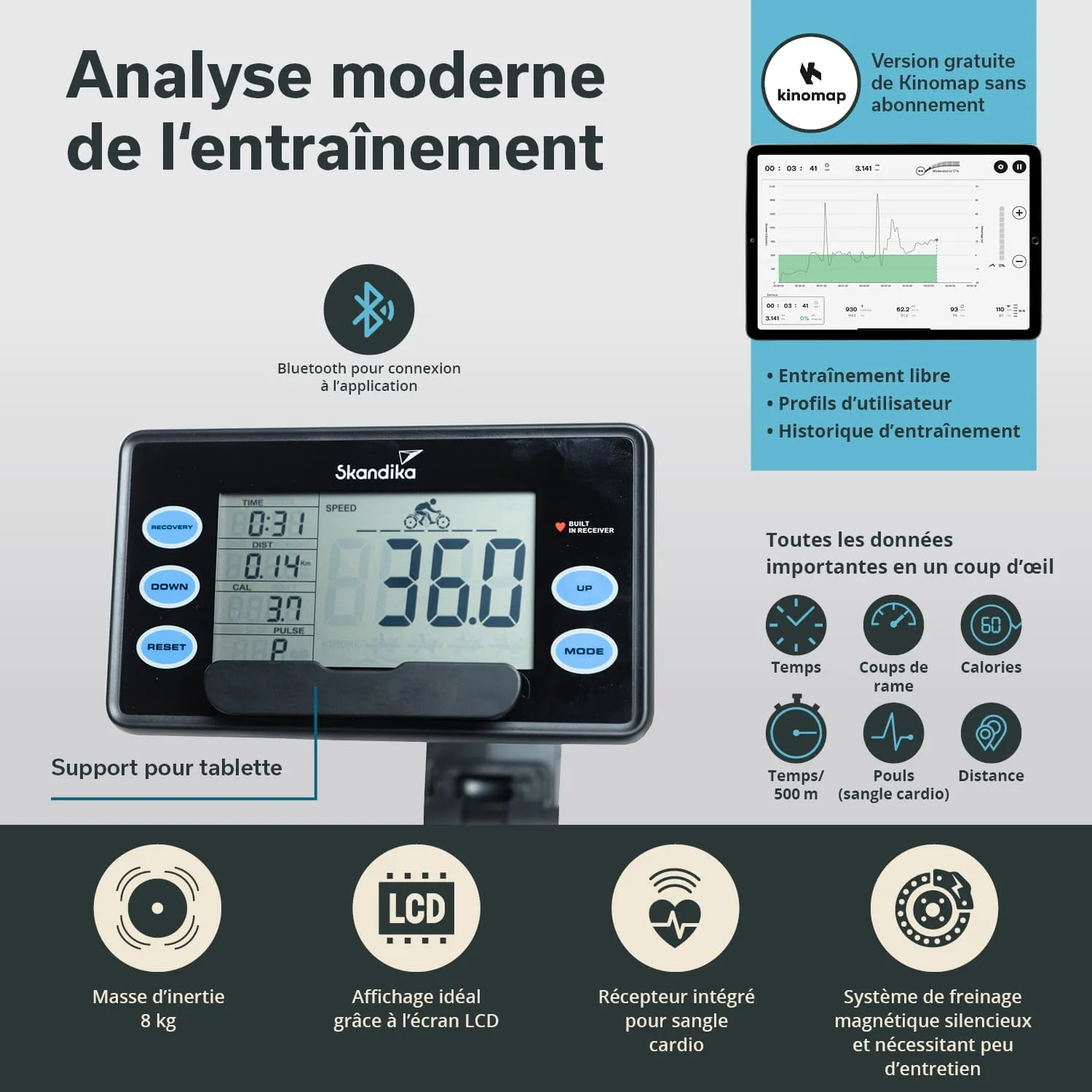 Digitale Trainingskonsole mit LCD-Display, Bluetooth-Funktion und Tablet-Halterung. Verschiedene Trainingsdaten angezeigt.
