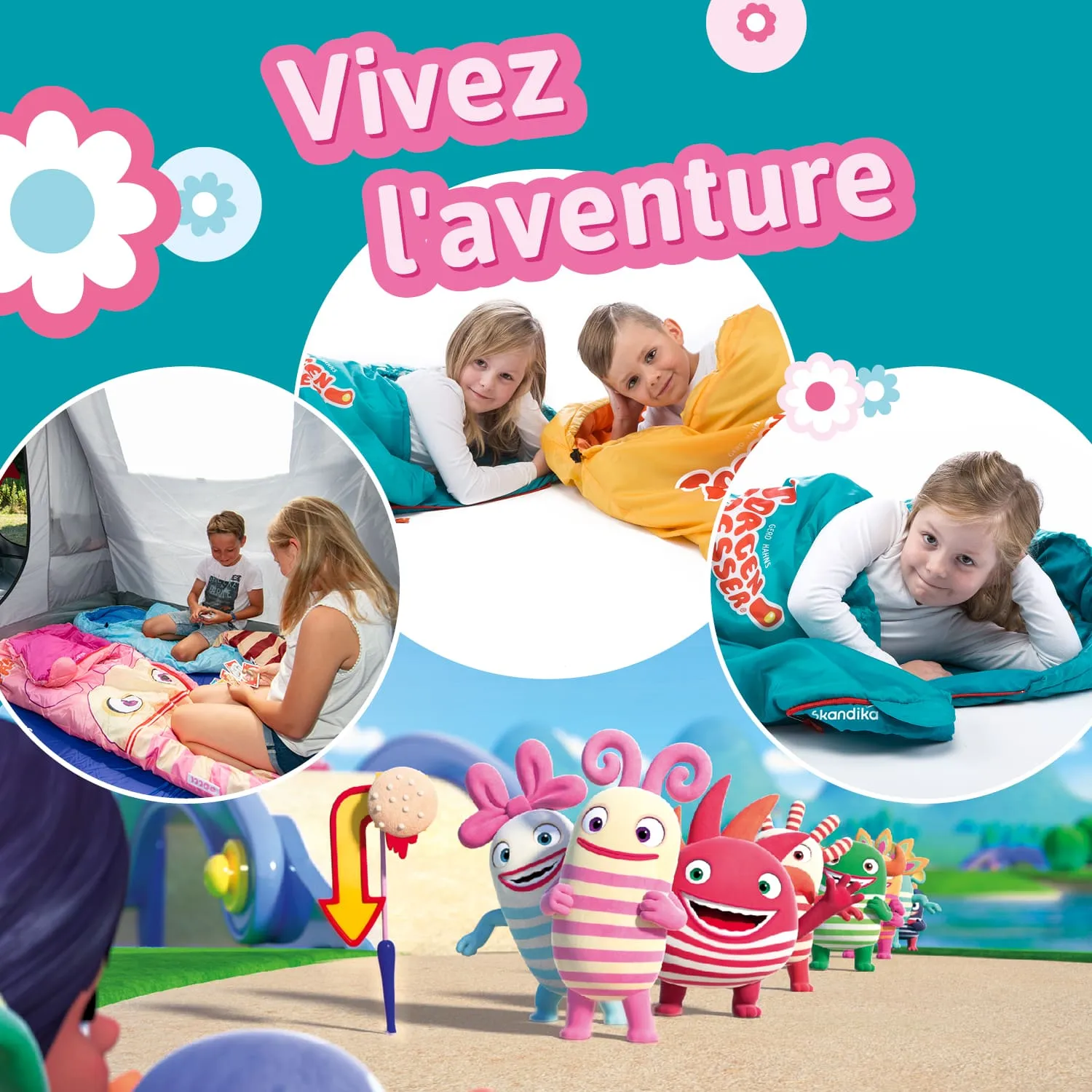 Bunte Collage mit Kindern in Schlafsäcken, einer Spielszene im Zelt und bunten, cartoonartigen Figuren auf einem Spielplatz.