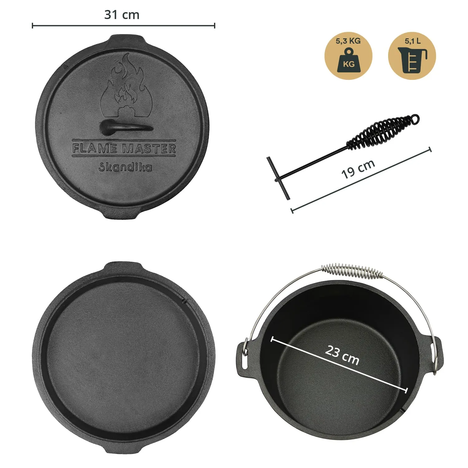 Eisenpfanne mit Deckel und Griff, Maße: 31 cm Durchmesser, 5,1 l Volumen, 5,3 kg Gewicht. Zubehör: Rührstab.