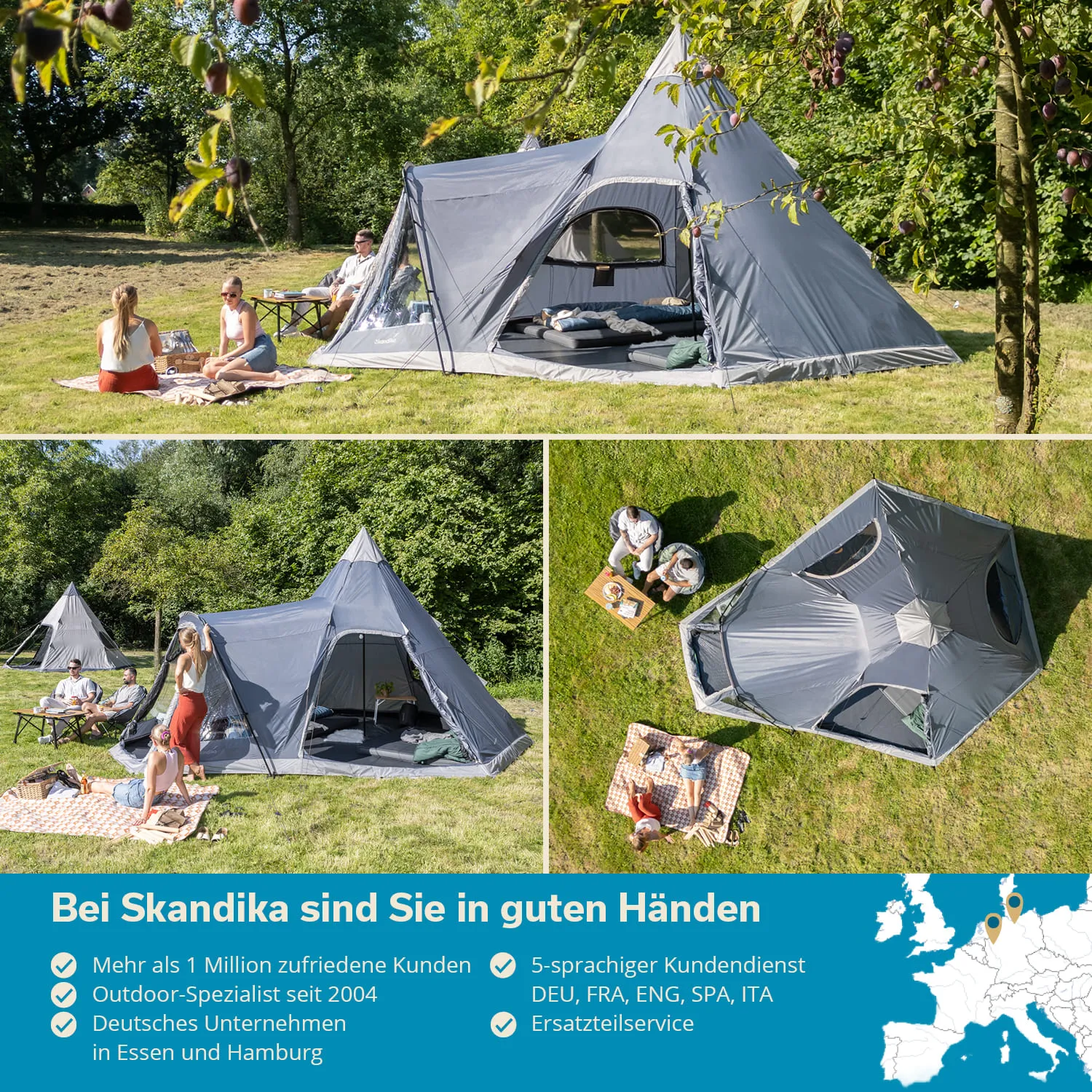 Zelt in der Natur mit mehreren Personen. Zwei Personen sitzen auf einer Decke, weitere am Tisch. Bäume im Hintergrund.