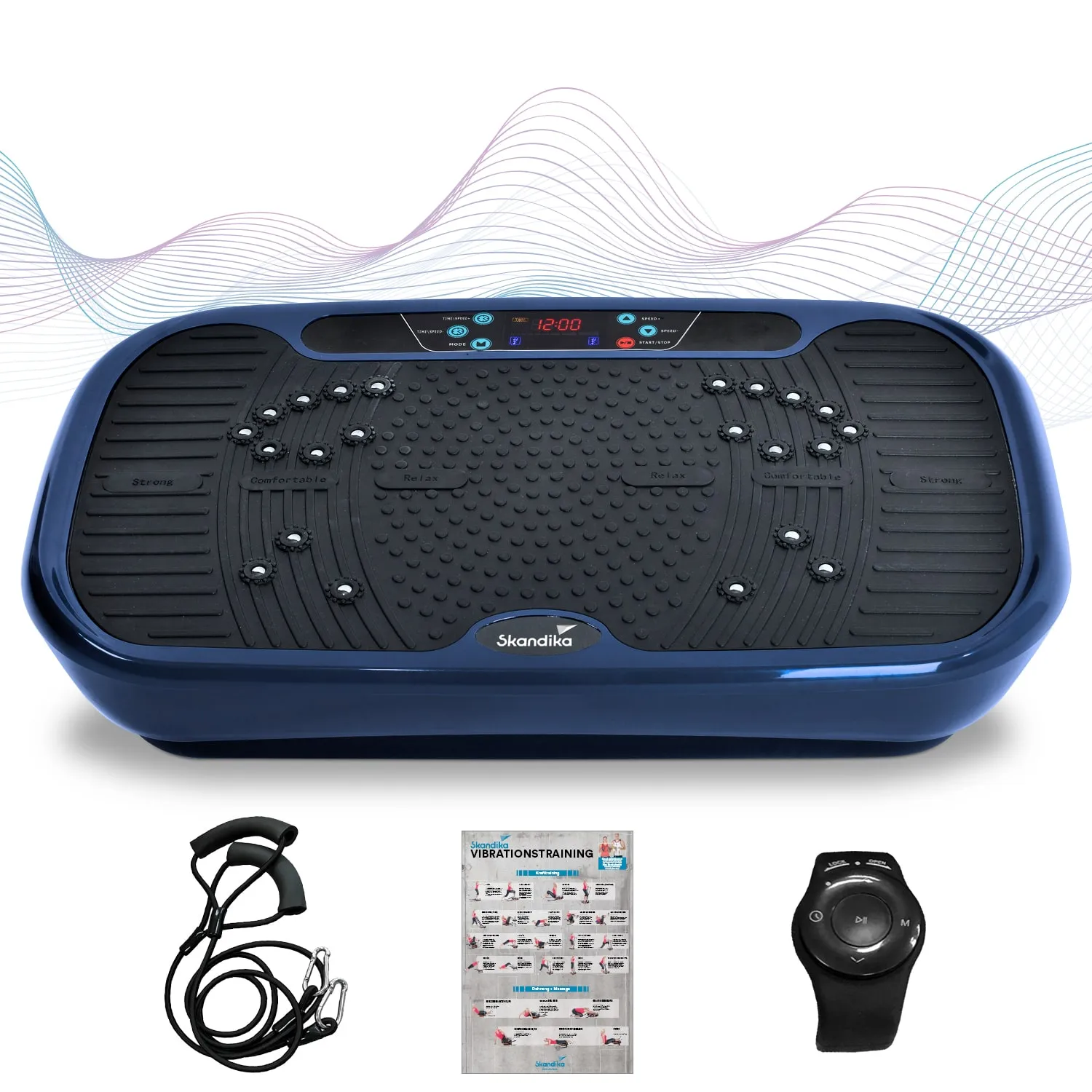 Vibrationsplatte in Blau mit Bedienfeld, umgeben von einem Paar Trainingsbändern, einer Anleitung und einer Uhr.