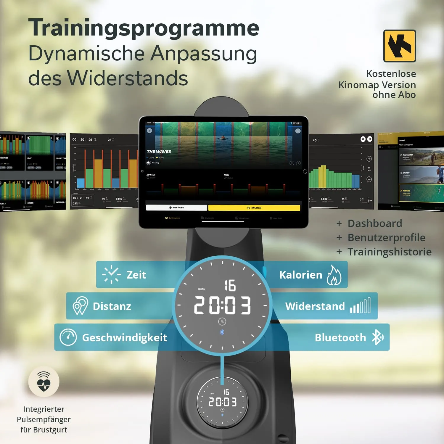 Digitales Trainingsgerät mit Bildschirm, der Trainingsprogramme und Anpassungen anzeigt. Anzeigen für Zeit, Kalorien, Distanz und Widerstand.