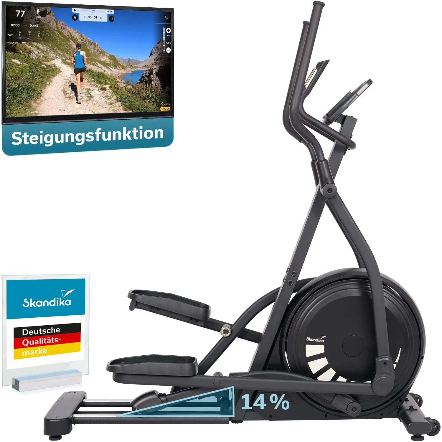 Ellipsentrainer in Schwarz mit Steigungsfunktion, Bildschirm mit Landschaftsansicht und Informationsanzeige, Marke Skandika.