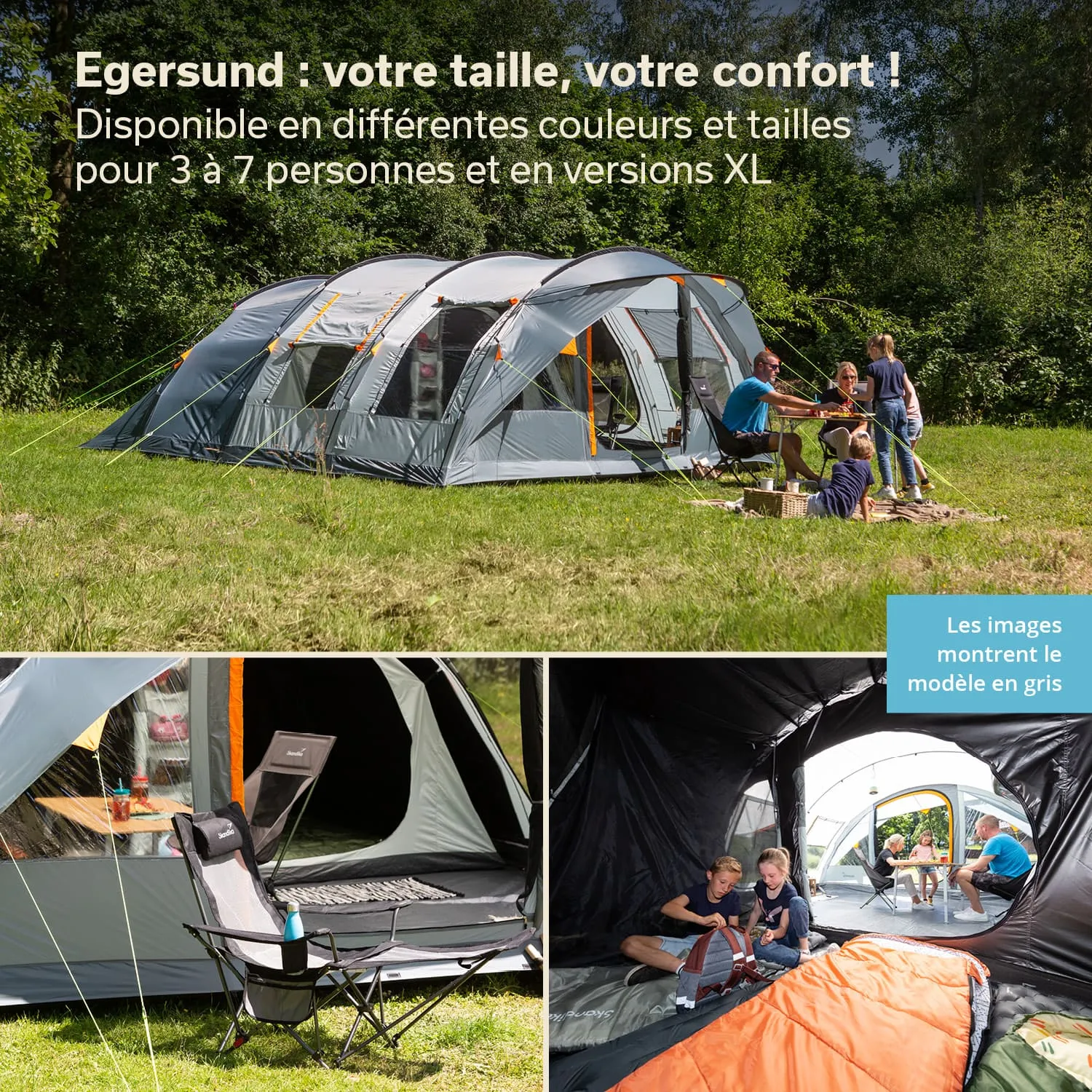 Zelt in grauer Farbe auf Wiese, umgeben von Bäumen. Eine Gruppe von Personen sitzt und interagiert im Freien. Verschiedene Innenansichten des Zeltes.