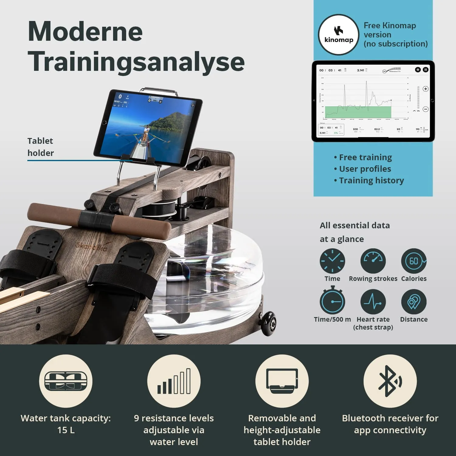 Rudergerät mit einem transparenten Wassertank, Tablet-Halter und Datenanzeigen. Einstellungen für Widerstand und Trainingsanalysen.