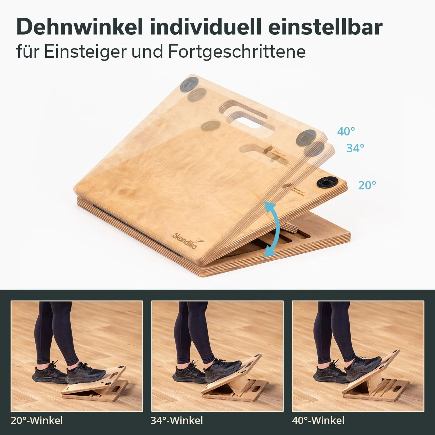Holzplatte mit verstellbaren Dehnwinkeln (20°, 34°, 40°) in drei Positionen, verwendet mit Füßen in Sportbekleidung.