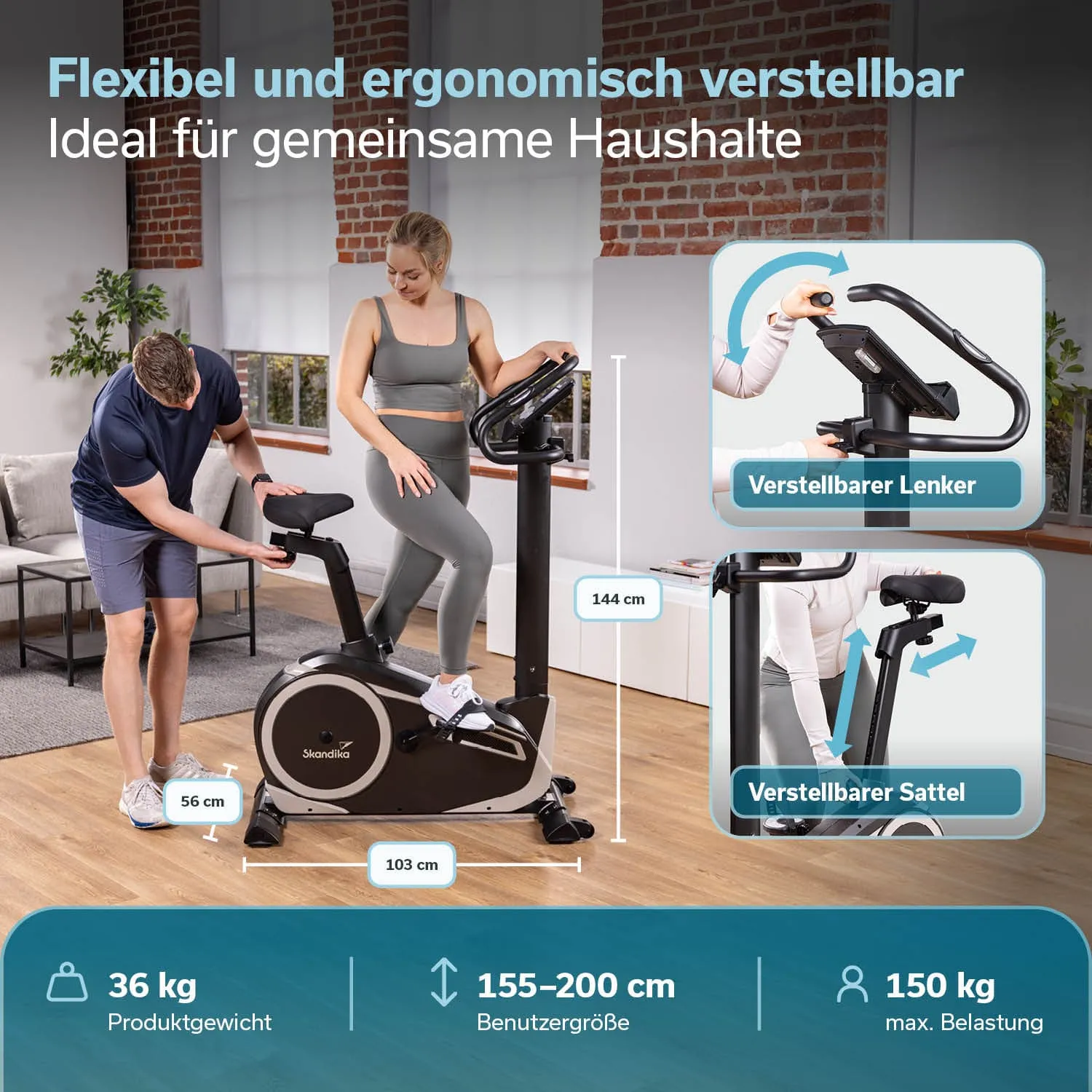 Ergometer mit gepolstertem Sitz, verstellbarer Sitzhöhe und Pedalen, Maße: 103 cm x 144 cm. Hinweise zur Anpassung.