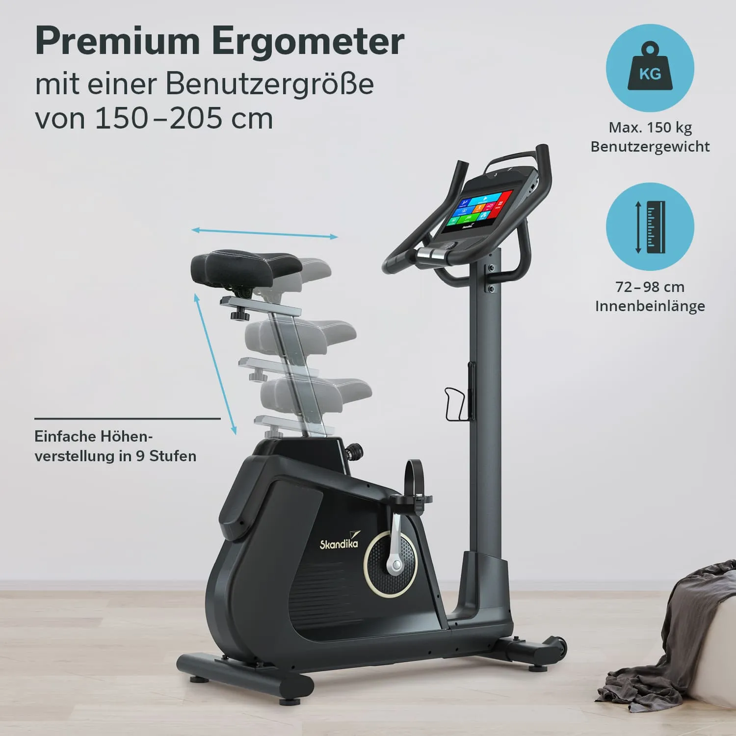Premium Ergometer mit verstellbarem Sitz und Bedienpanel. Maximalgewicht 150 kg, für Benutzergrößen 150-205 cm, Innenbeinlänge 72-98 cm.
