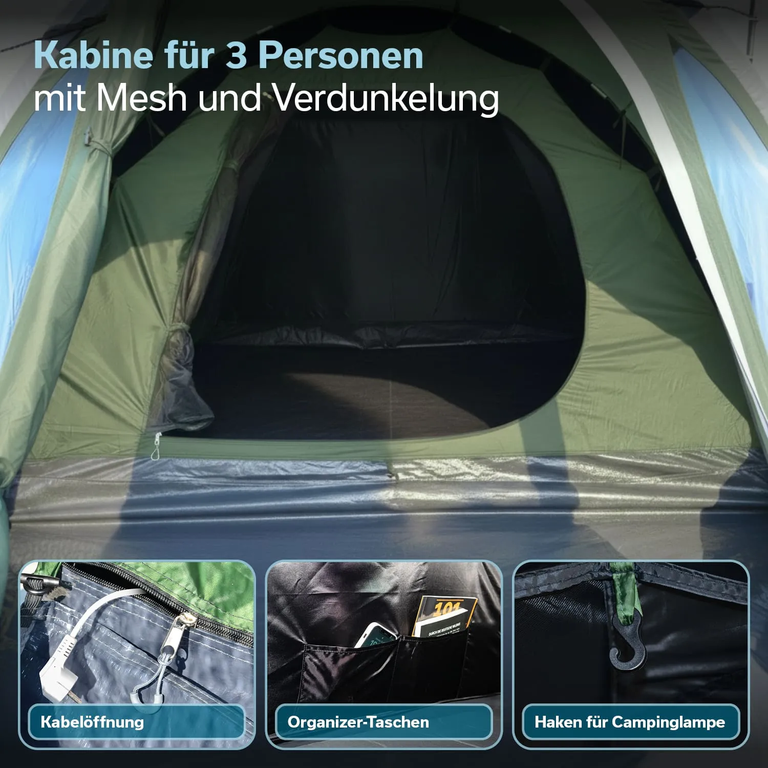 Kabine für 3 Personen mit grünen Wänden, Fenster und Boden, sowie Details zu Kabelöffnung und Aufbewahrungstaschen.
