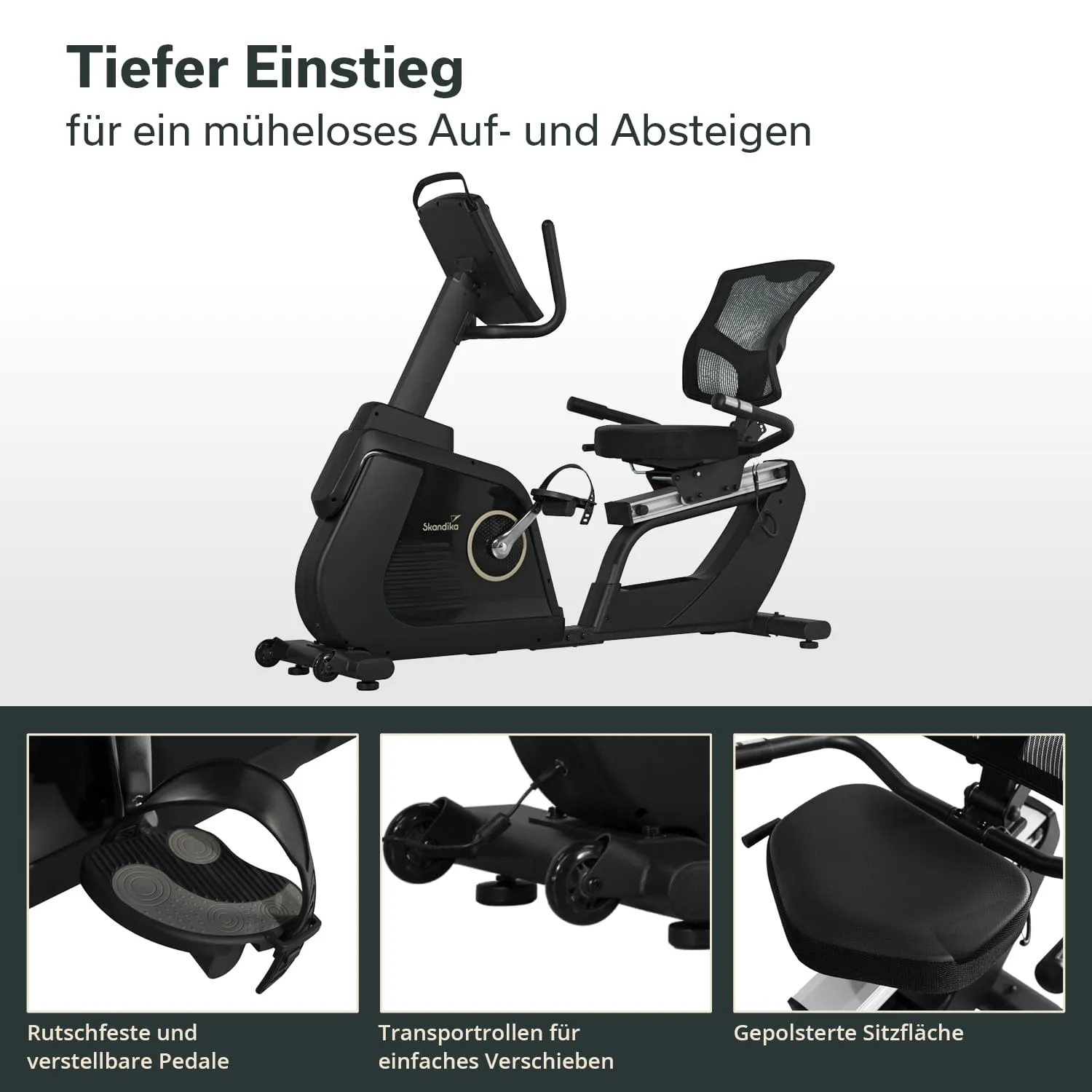 Ergometer mit tiefem Einstieg, verstellbaren Pedalen und gepolsterter Sitzfläche. Transportrollen für Mobilität.