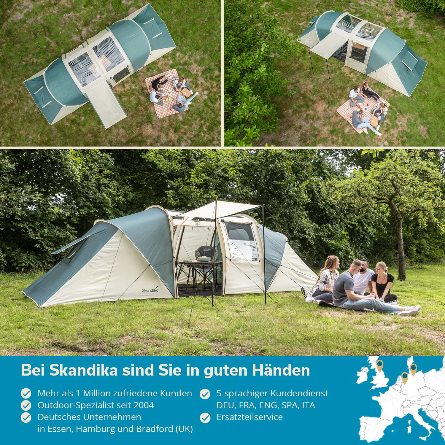 Zeltmit transparentem Dach, davor eine Wiese mit einer Picknickdecke und vier Personen. Hintergrund mit Bäumen.