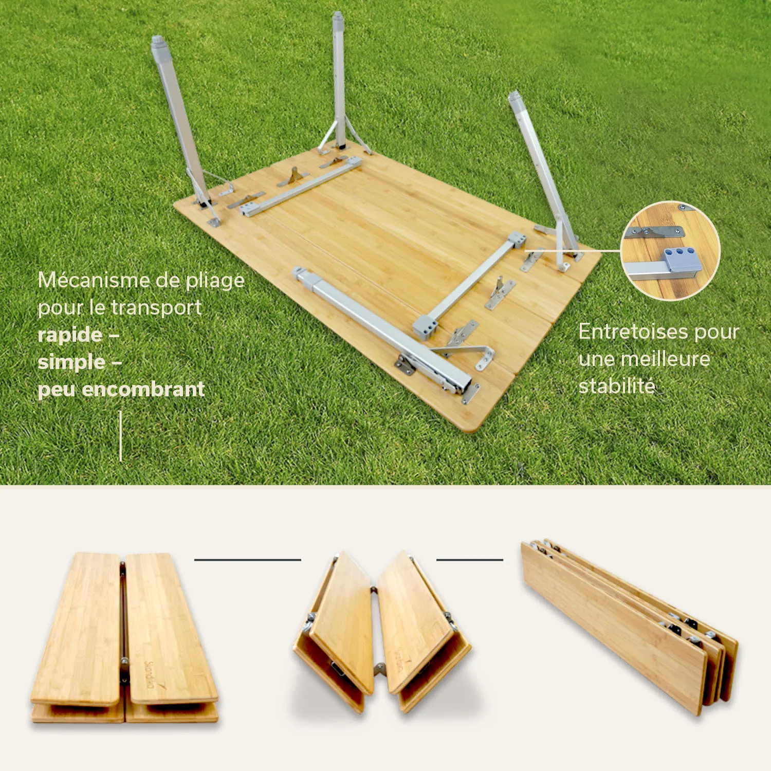 Faltbarer Tisch aus Holz auf einer grünen Wiese, mit einem Mechanismus zur schnellen und einfachen Handhabung, der teilweise auseinandergeklappt ist.