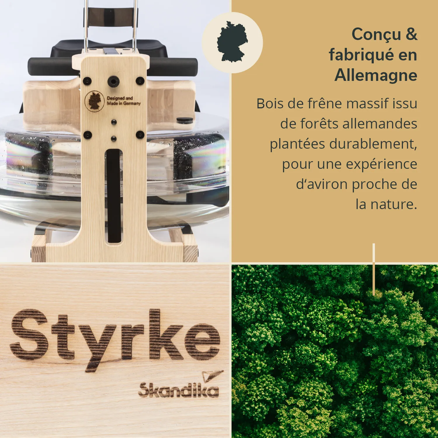 Holzgerät mit einer transparenten Wasserfläche, beschriftet mit „Styrke“ und „Skandilika“. Grüner Wald im Hintergrund.