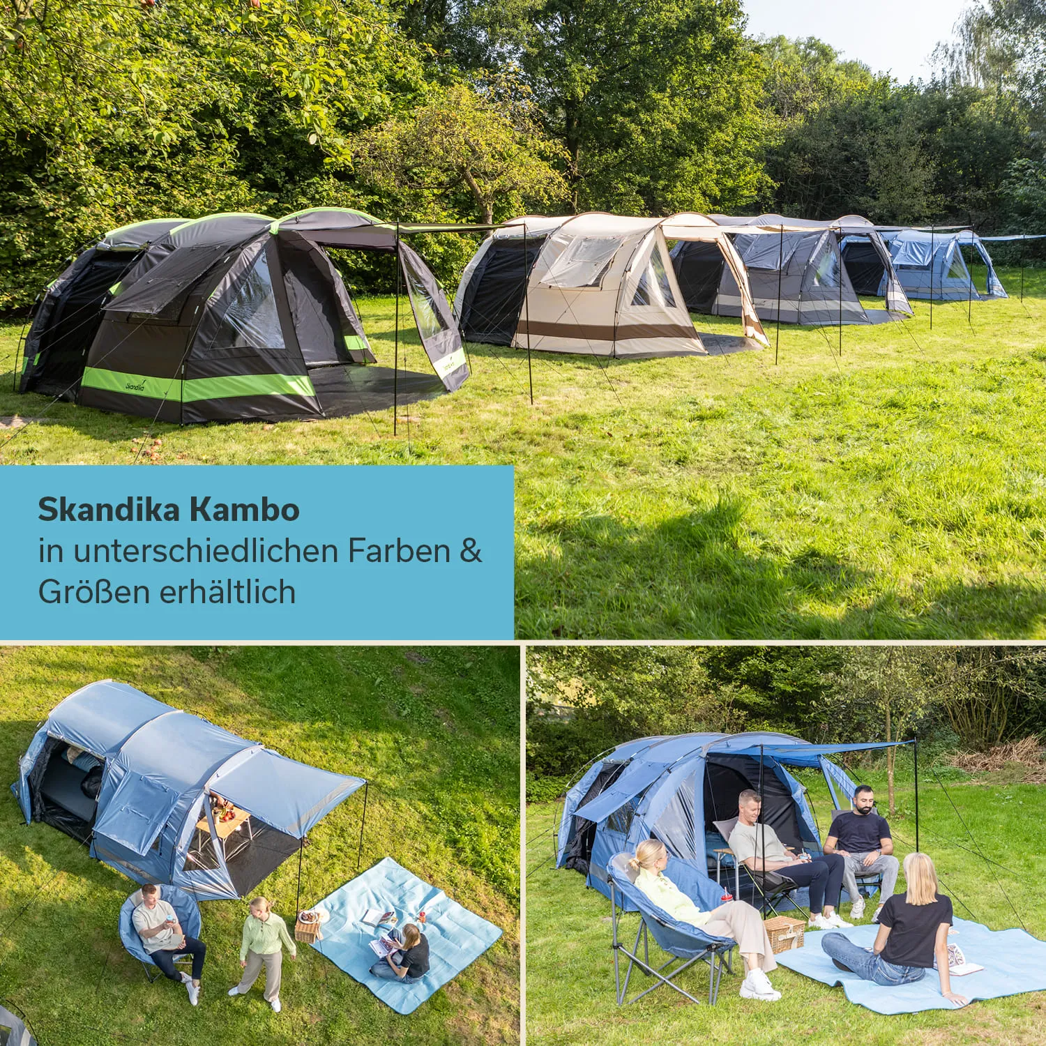Verschiedene Zeltmodelle in den Farben Schwarz, Grau und Beige auf einer Wiese. Personen sitzen entspannt vor den Zelten.