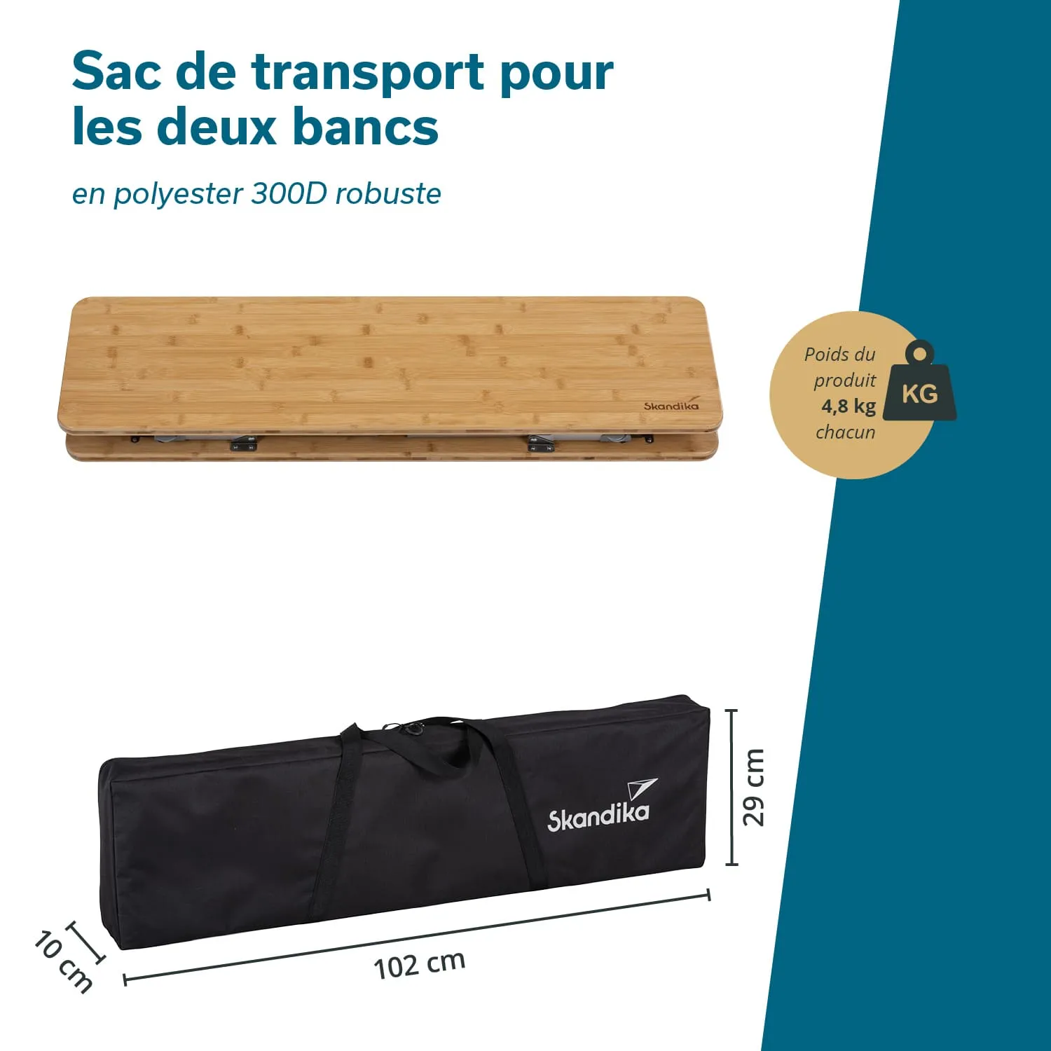 Transporttasche für zwei Bänke aus robustem Polyester mit Maßen 102 cm x 29 cm x 10 cm. Oben eine Holzplatte, unten die Tasche.