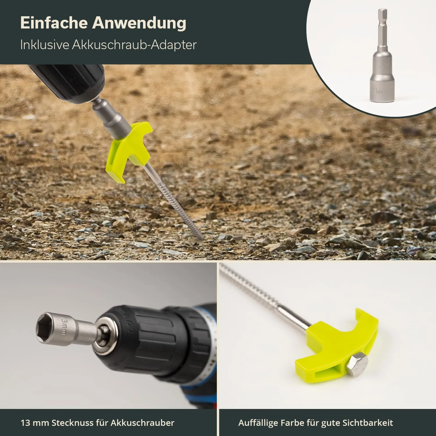 Akku-Schraubadapter mit 13 mm Stecknuss auf einem Untergrund aus Erde und Kies, sowie eine Nahaufnahme des Adapters.