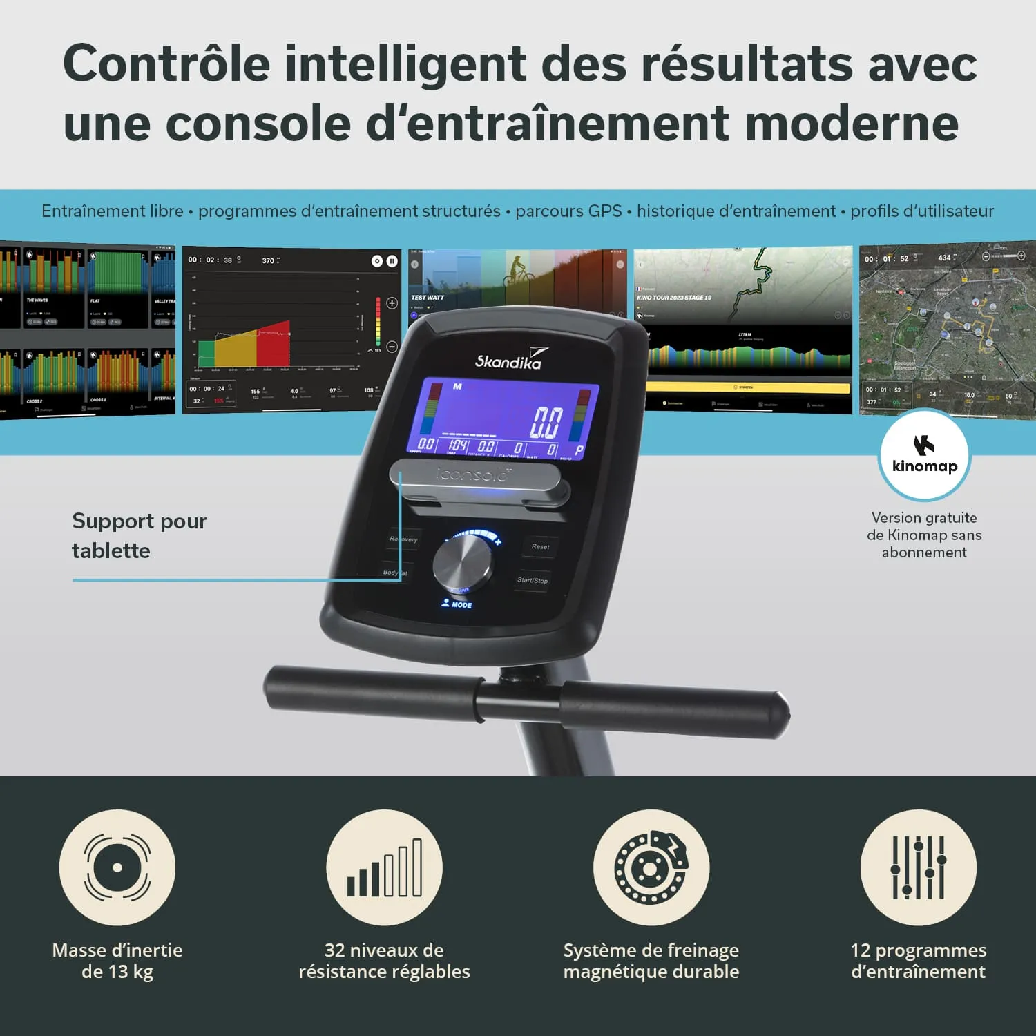 Display einer Trainingskonsole mit digitalen Anzeigen und Tasten. Im Hintergrund sind Grafiken und Statistiken zu sehen.