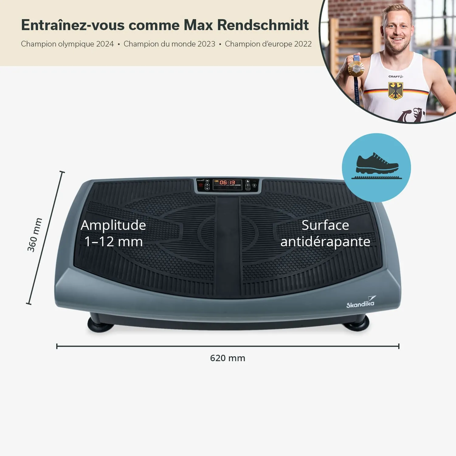 Vibrationsplatte in grauer Farbe mit rutschfester Oberfläche. Maße: 620 mm x 360 mm. Display mit Zeitangabe sichtbar.