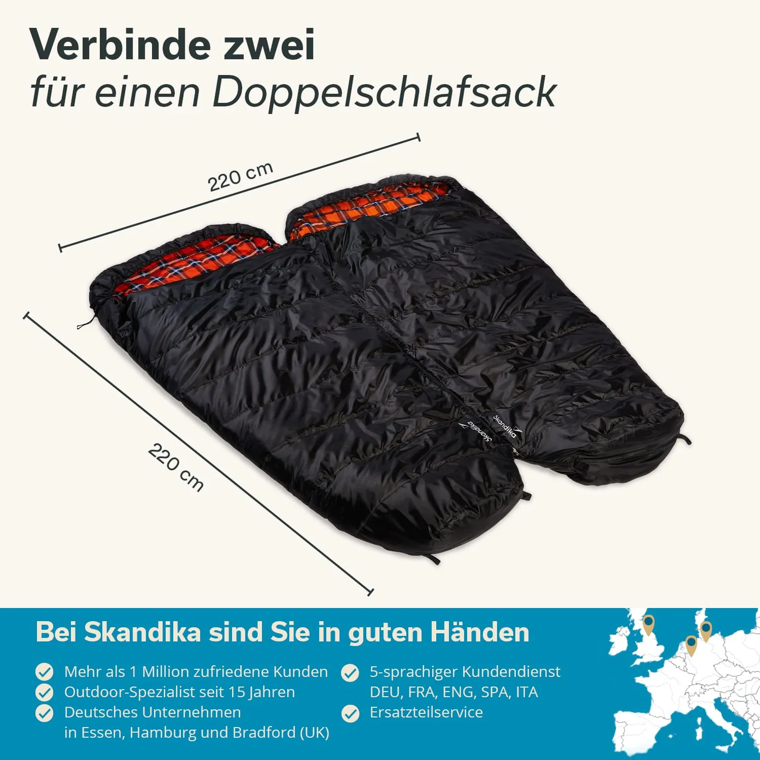 Schwarzer Doppelschlafsack mit kariertem Innenfutter, Maße 220 cm x 220 cm, auf hellem Hintergrund.
