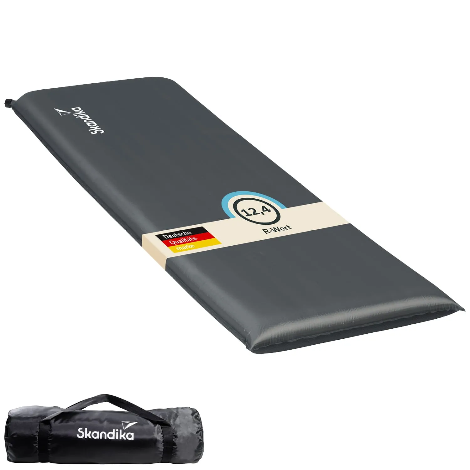 Schlafmatte in grauer Farbe mit R-Wert 12,4 und einer Tragetasche in Schwarz.