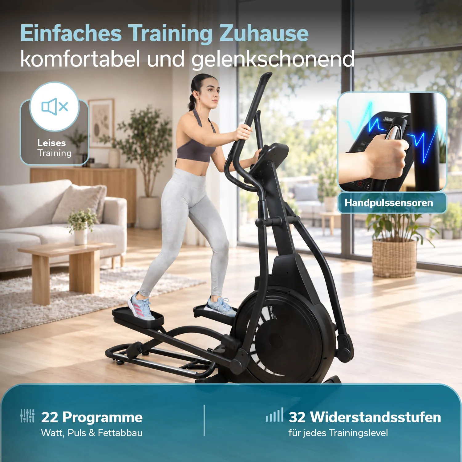 Person trainiert auf einem Ellipsentrainer in einem hellen Raum mit Fenstern. Grafiken zeigen Programme und Funktionen.