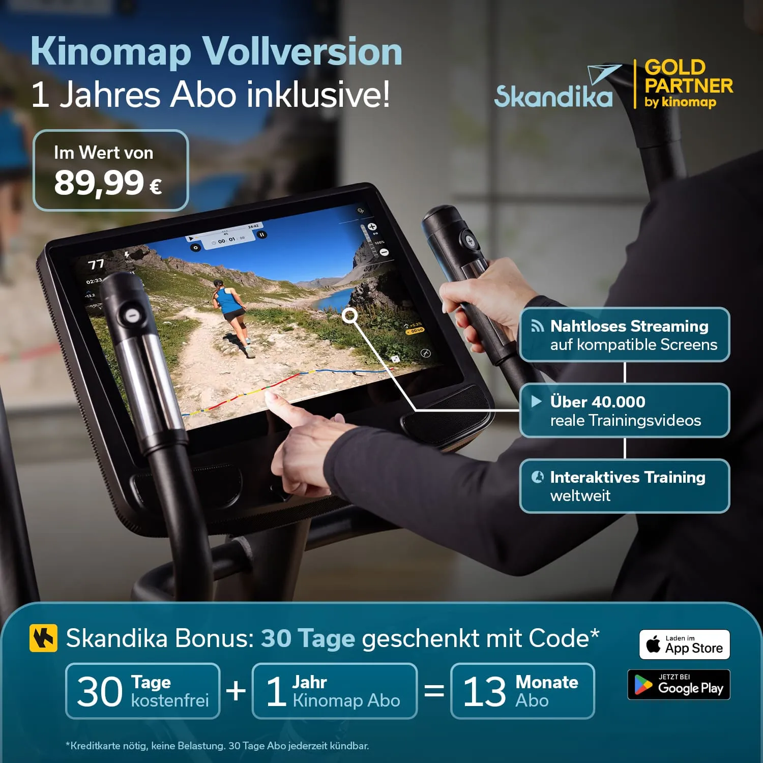 Ein Fitnessgerät mit einem Bildschirm zeigt eine Laufstrecke in der Natur. Informationen zu einem Kinomap-Abonnement sind sichtbar.