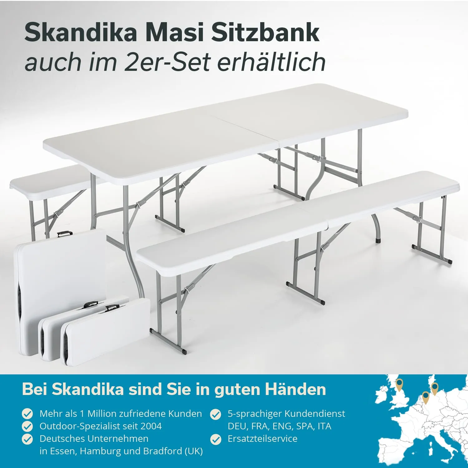 Weißer Tisch mit zwei dazugehörigen Sitzbänken auf einem hellen Hintergrund. Rechts unten Informationen zum Anbieter.