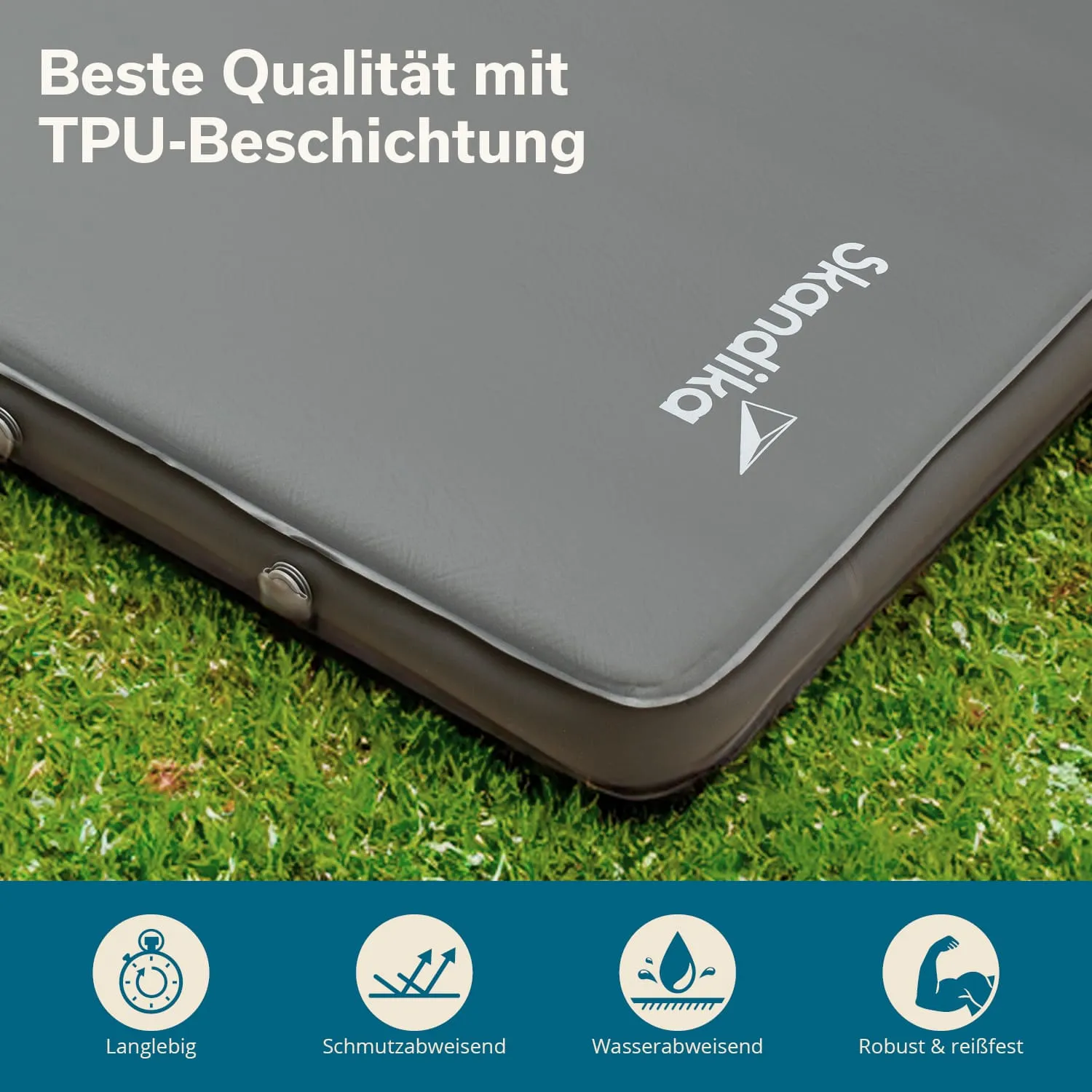Graue Matratze mit TPU-Beschichtung auf grünem Rasen, beschriftet mit Qualitätsmerkmalen und Icons für Einsatzeigenschaften.