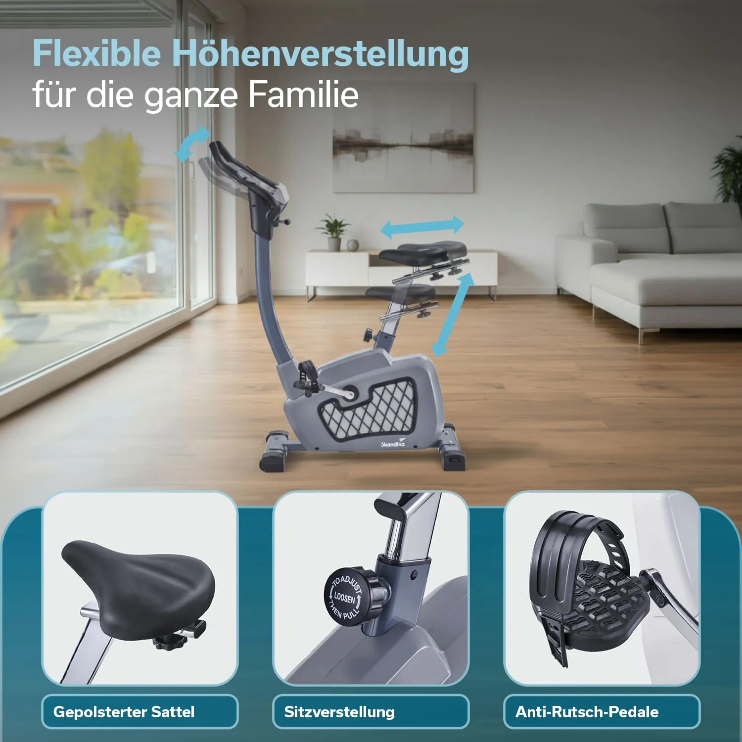 Ein Heimtrainer mit gepolstertem Sattel, höhenverstellbarem Sitz und Anti-Rutsch-Pedalen steht in einem modernen Raum.