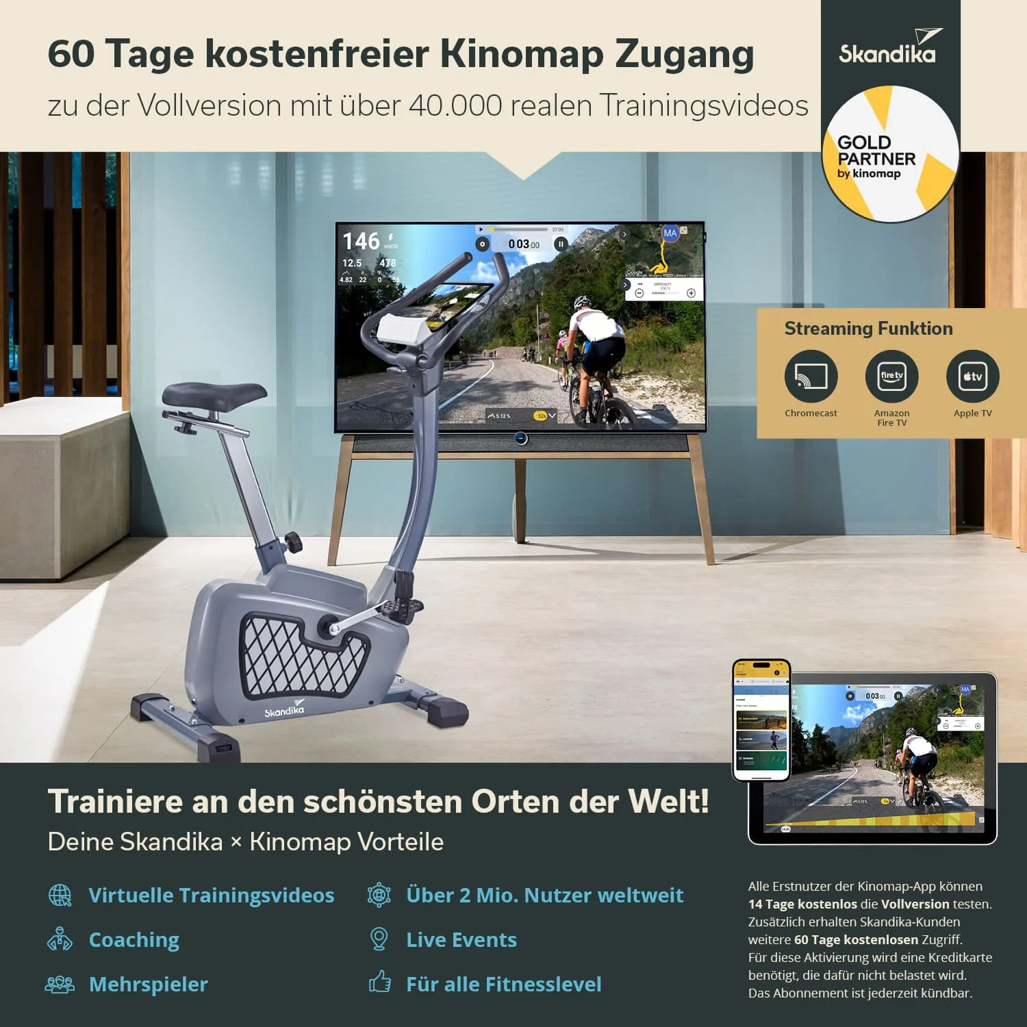 Ein Fitnessgerät steht vor einem Fernseher, auf dem Trainingsvideos angezeigt werden. Dazu Informationen zu einem kostenfreien Zugang und Funktionen.