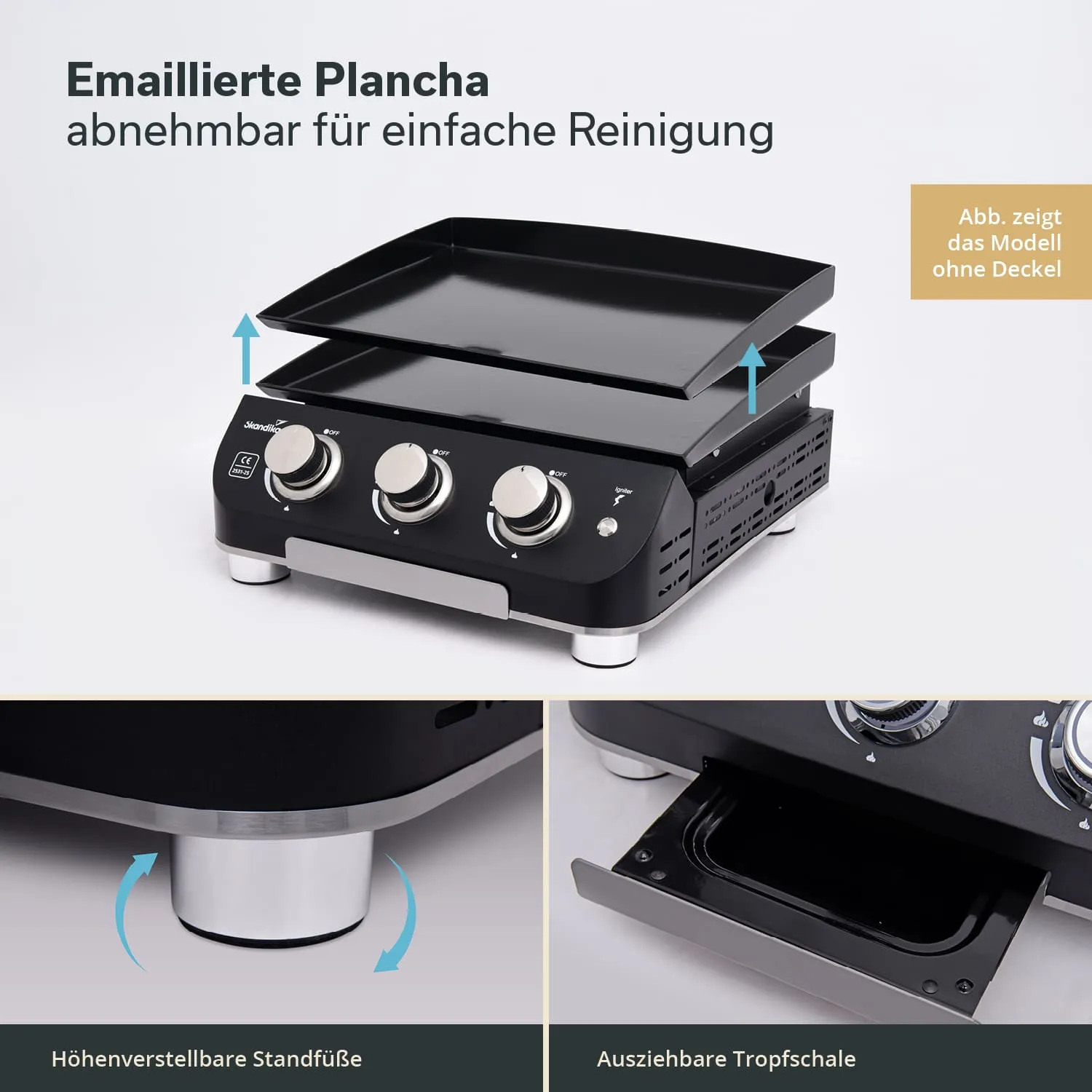 Plancha mit abnehmbarem Grillbereich, drei Bedienelementen, höhenverstellbaren Füßen und einer herausziehbaren Tropfschale.