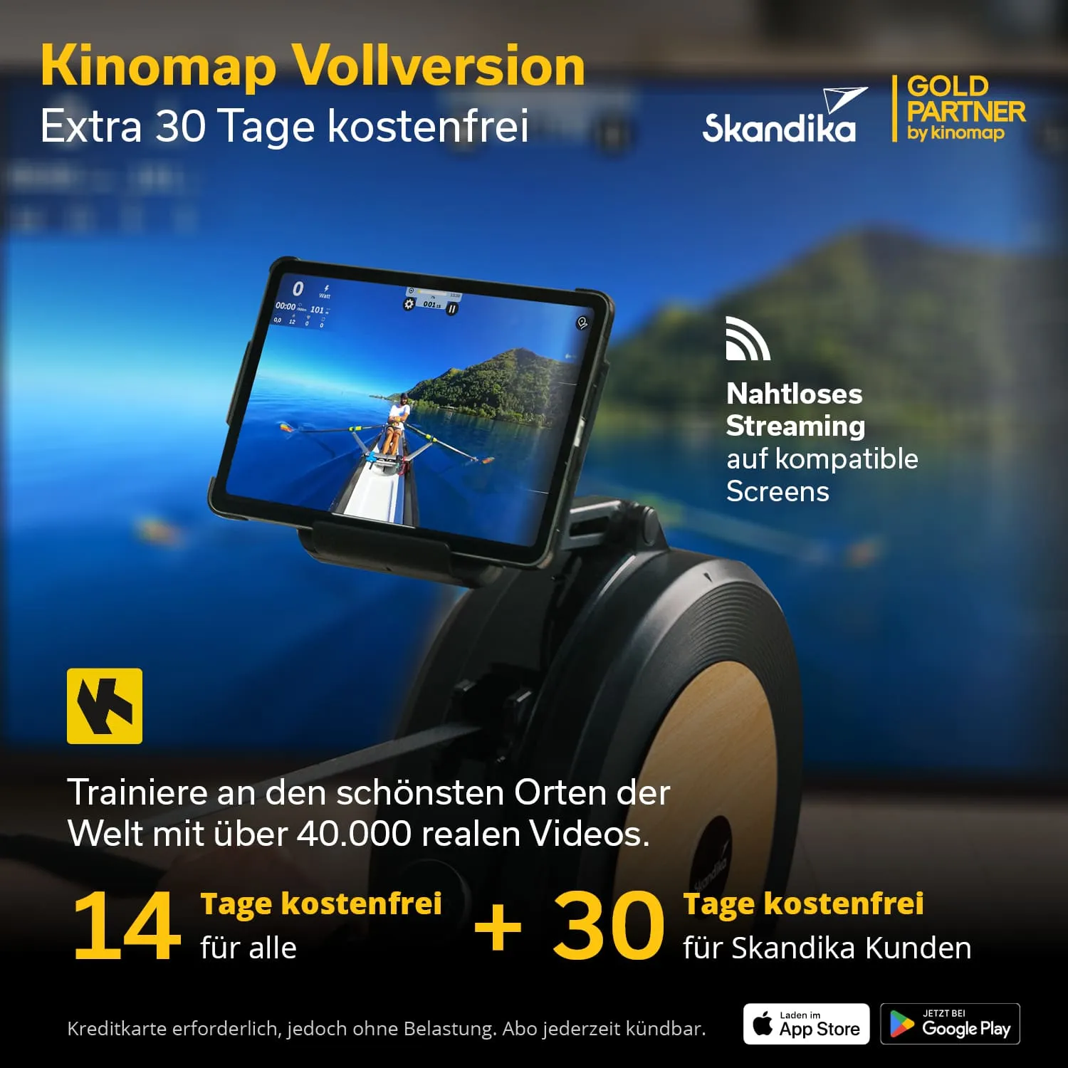 Ein Rudergerät mit einem Tablet, das eine Ruder-Szene in einer schönen Landschaft anzeigt. Textinformationen zu einer kostenlosen Testversion sind sichtbar.