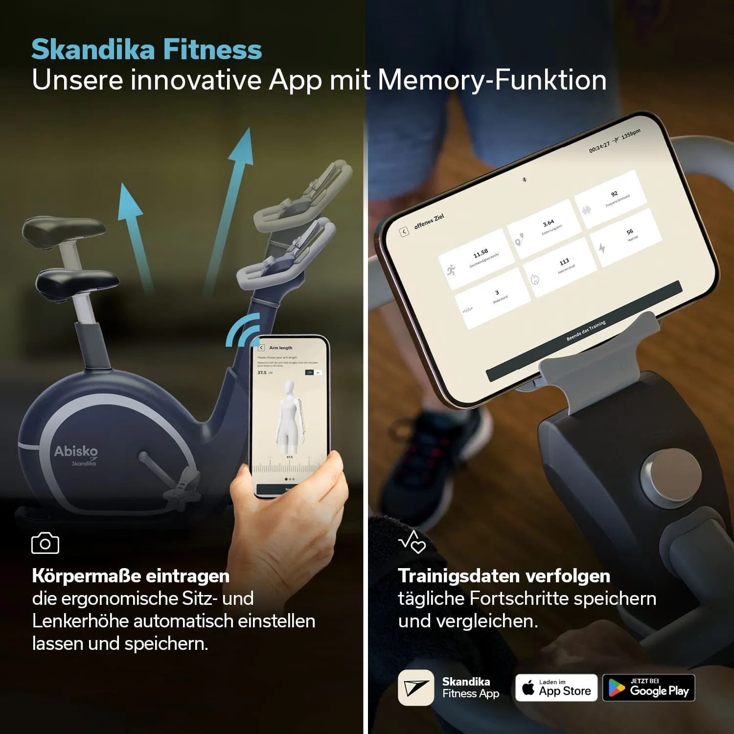 Ergonomisches Fitnessgerät mit verstellbarem Sitz und Lenker, eingebauter App-Hinweis zur Anpassung an Körpermaße.