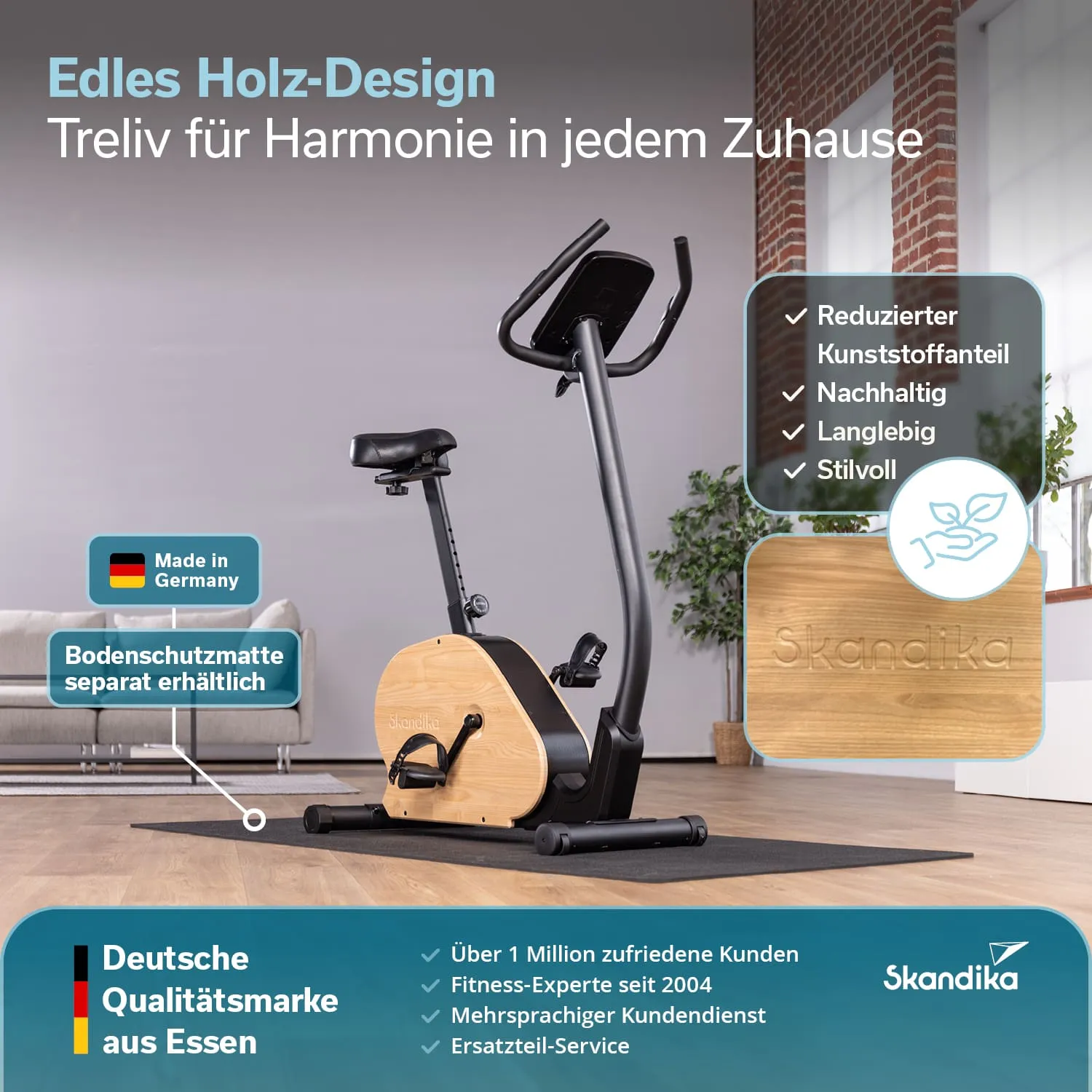 Ein Heimtrainingsgerät mit Holz-Design steht auf einem Teppich in einem modernen Raum. Neben dem Gerät befinden sich Pflanzen und ein Fenster.