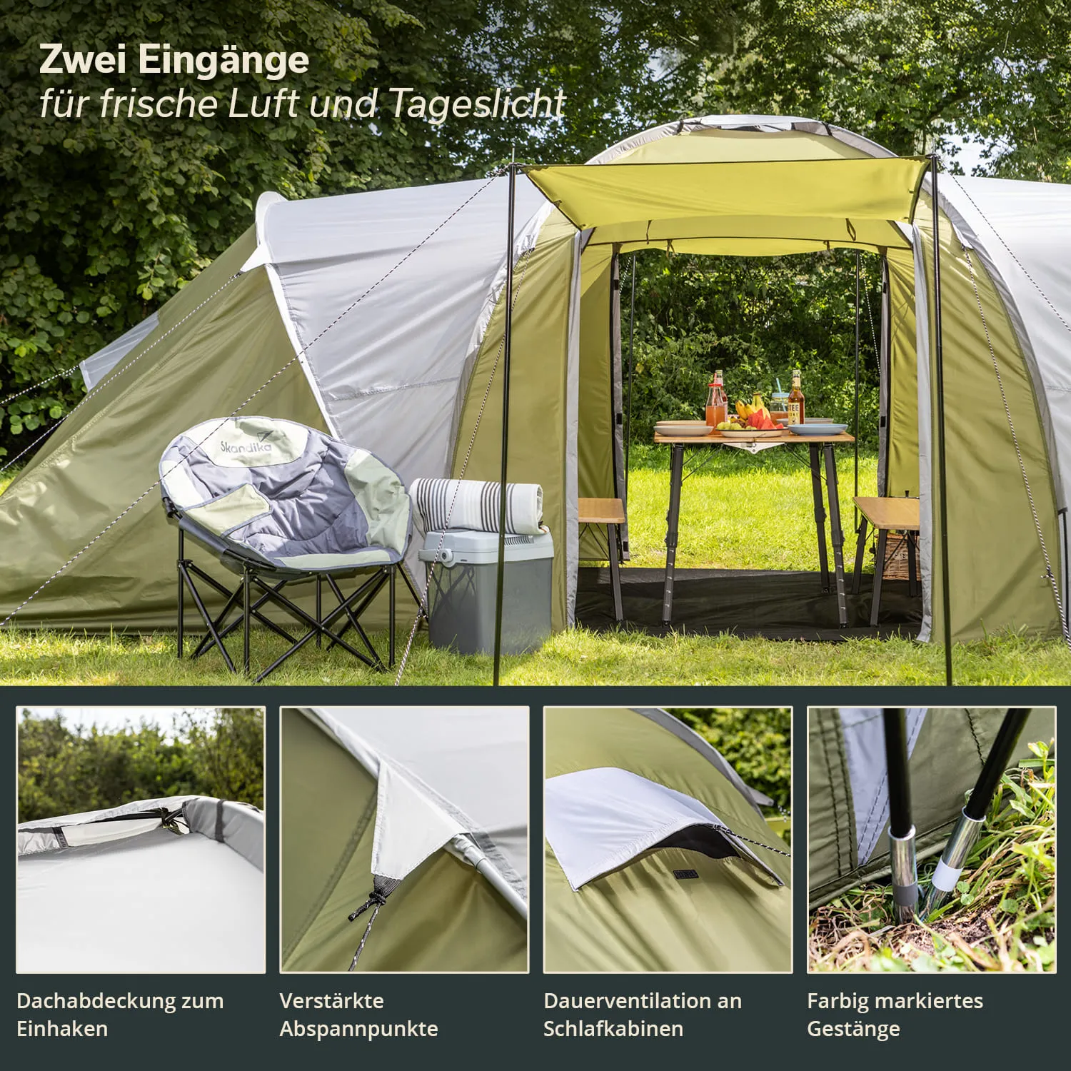 Zwei Eingänge eines Zeltes mit Sitzgelegenheit, Tisch und Kühlbox im Freien. Grünes Zelt und Bäume im Hintergrund.