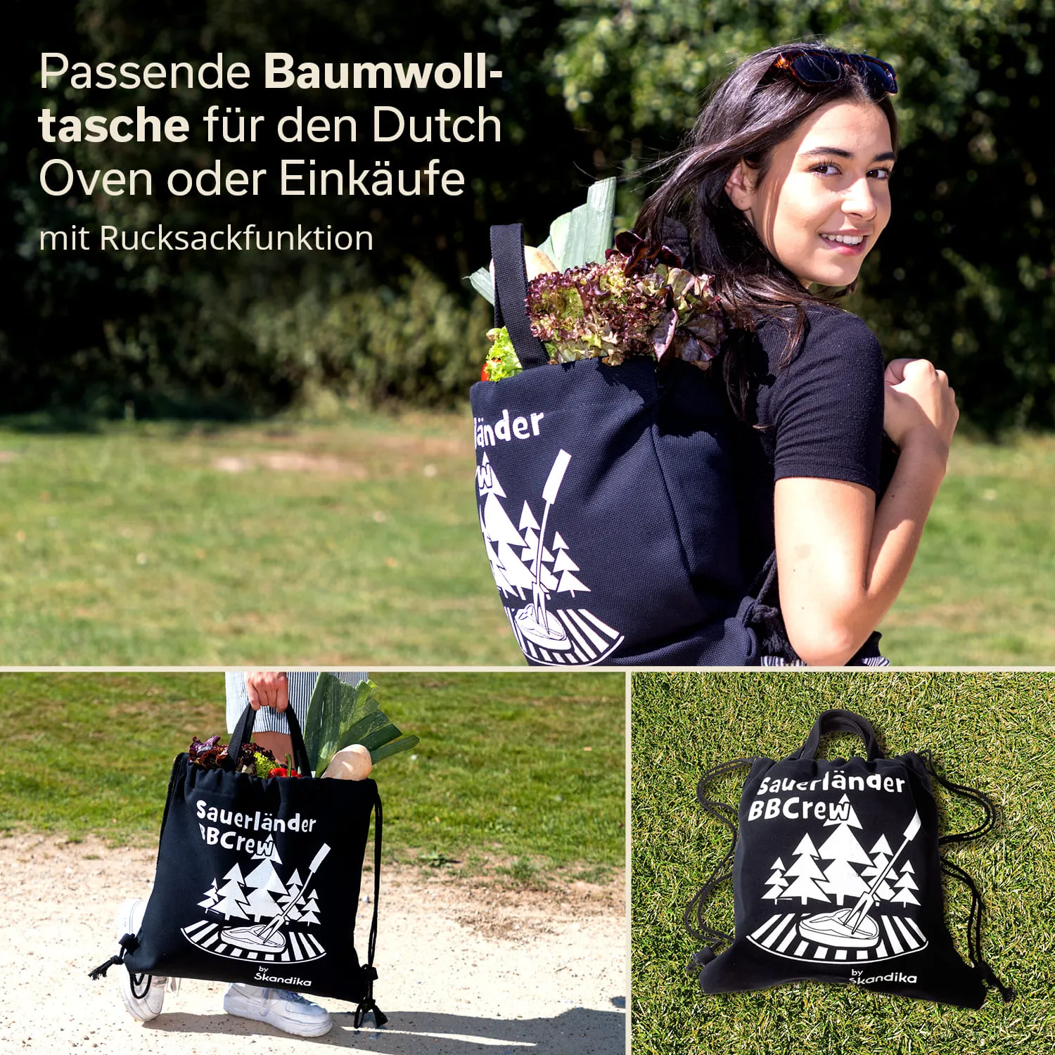Schwarze Baumwolltasche mit Rucksackfunktion, gefüllt mit Gemüse, getragen von einer Person im Freien. Grafik auf der Tasche zeigt Bäume und Grill.